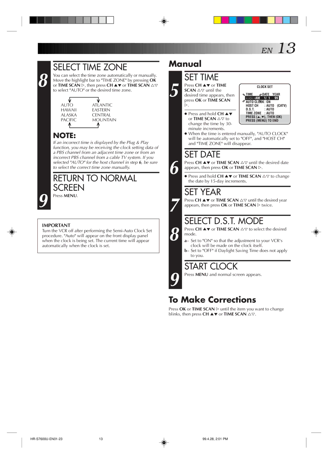 JVC HR-S7600U manual Select Time Zone, Return to Normal Screen, SET Time, SET Date, SET Year, Start Clock 