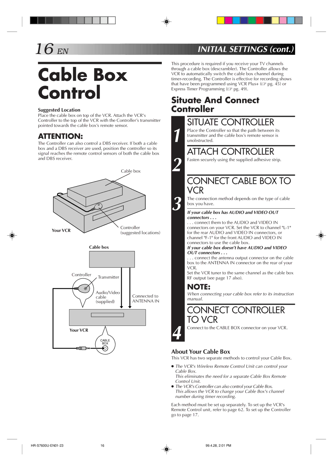 JVC HR-S7600U manual Cable Box Control, Situate Controller, Attach Controller, Connect Cable BOX to VCR 