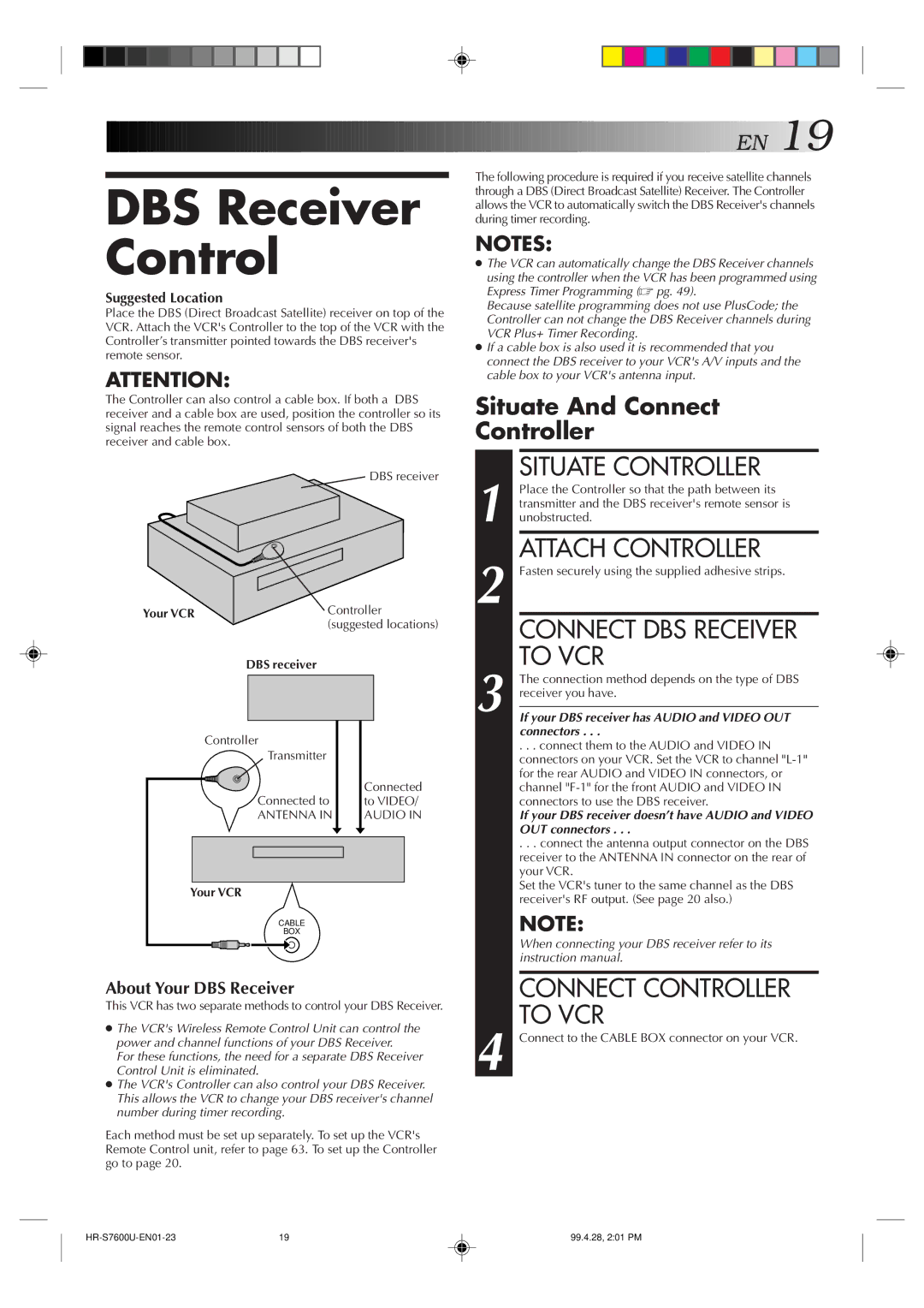 JVC HR-S7600U manual DBS Receiver Control, Connect DBS Receiver To VCR, DBS receiver 