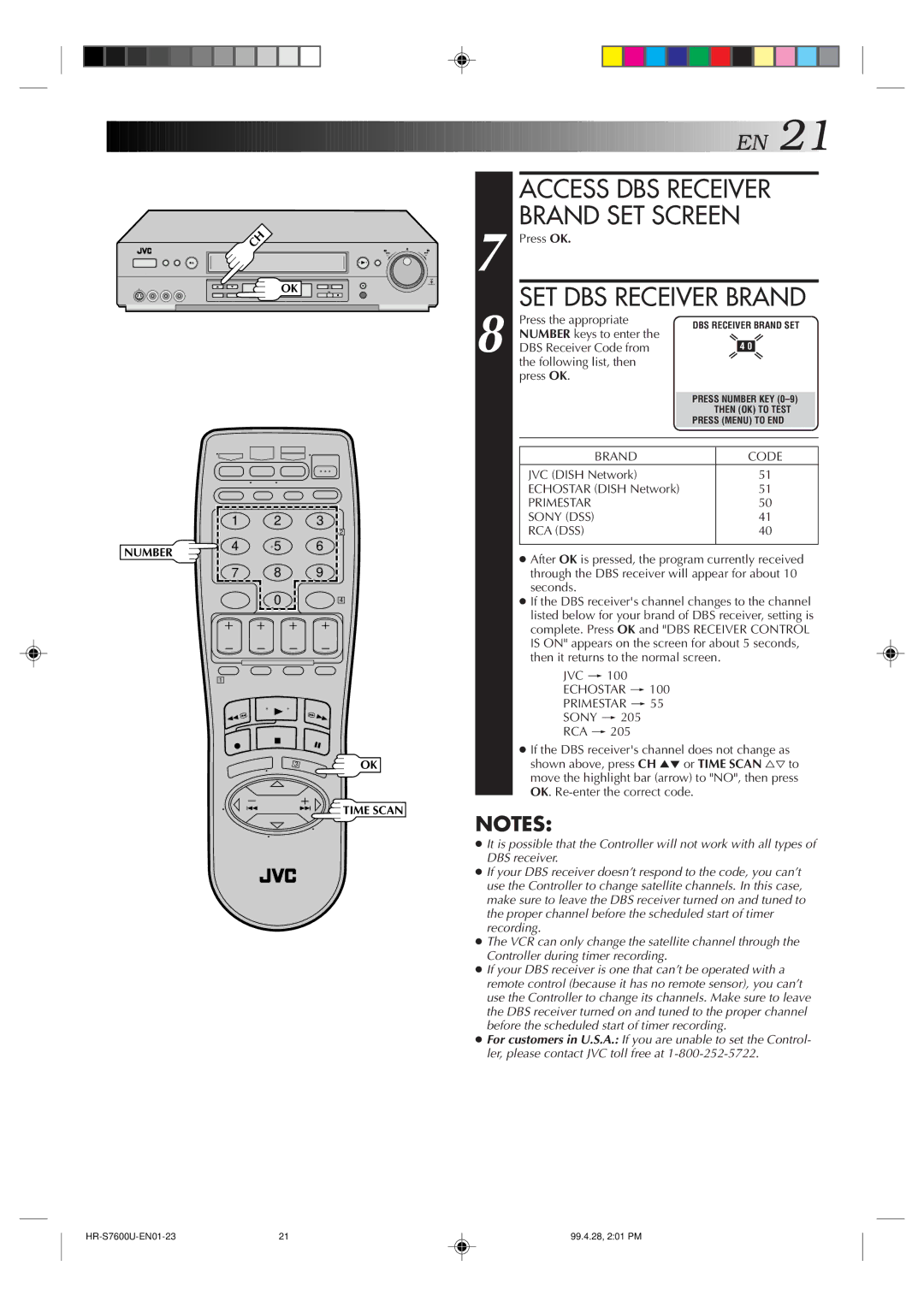 JVC HR-S7600U manual Access DBS Receiver, SET DBS Receiver Brand 