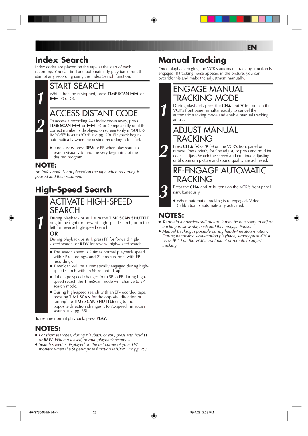 JVC HR-S7600U manual Start Search, Access Distant Code, Activate HIGH-SPEED Search, Engage Manual Tracking Mode 