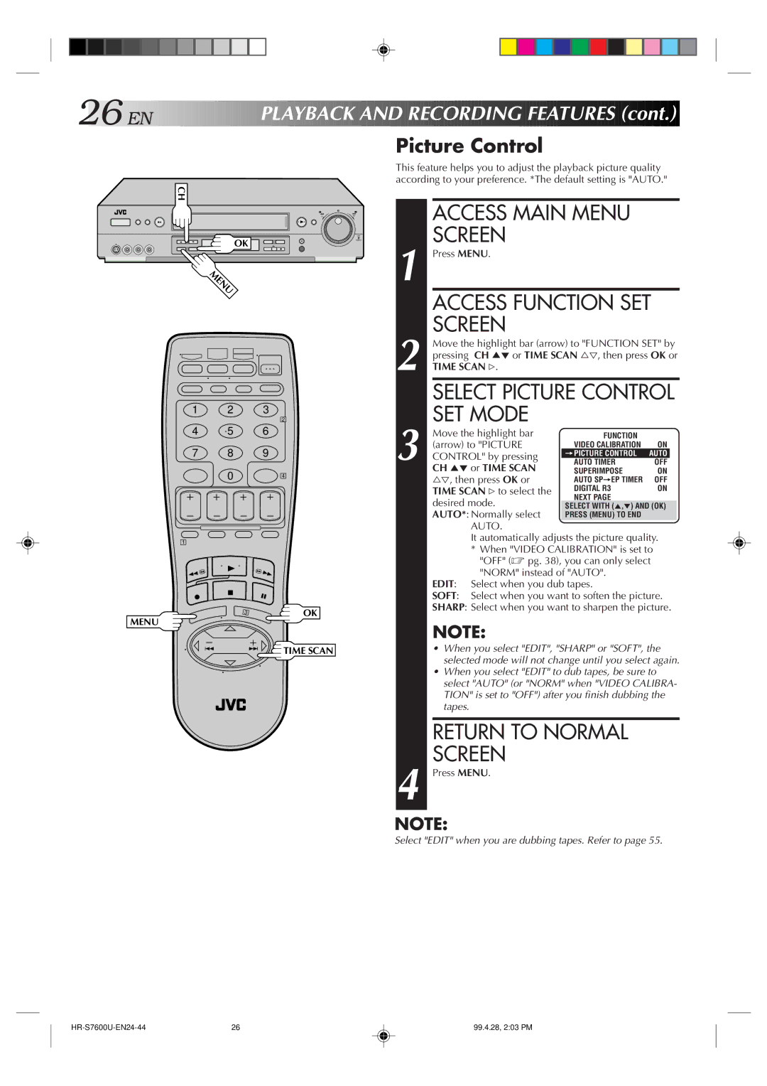 JVC HR-S7600U manual Access Function SET Screen, Select Picture Control SET Mode, Layback and Recording Features 