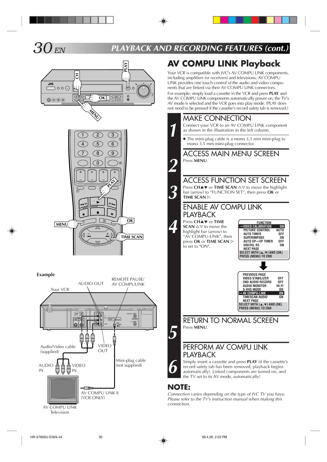 JVC HR-S7600U manual AV Compu Link Playback, Make Connection, Access Main Menu Screen, Example 