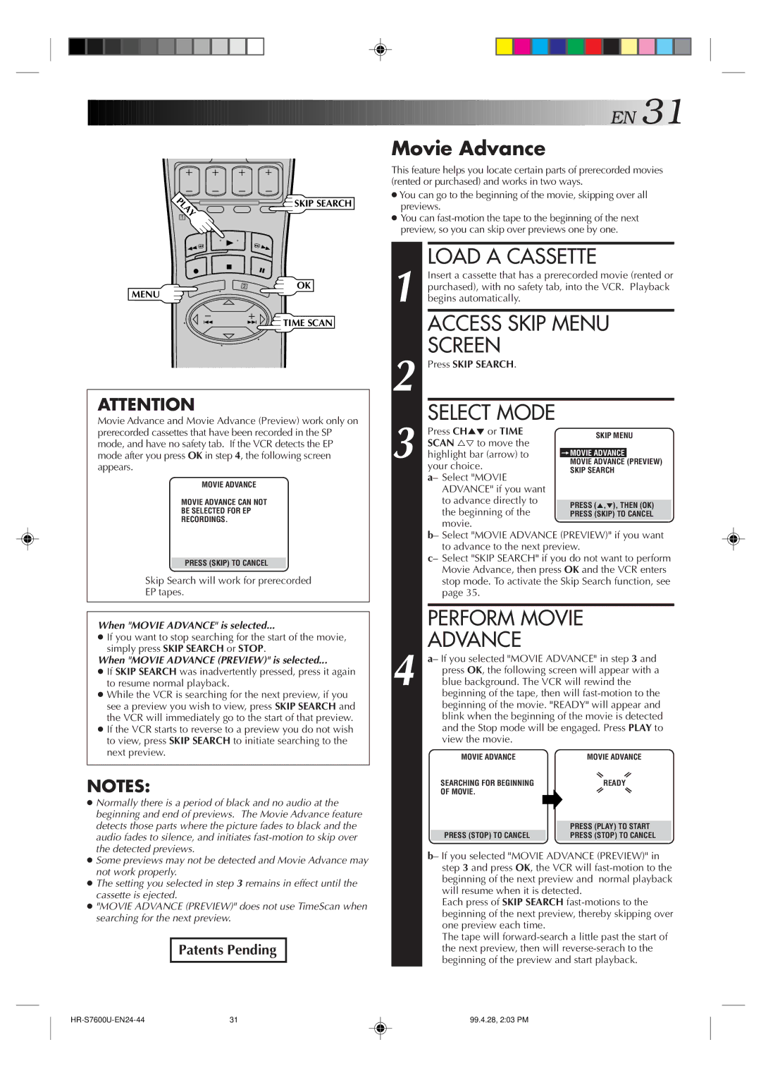 JVC HR-S7600U manual Access Skip Menu, Perform Movie, Movie Advance, Select Mode 