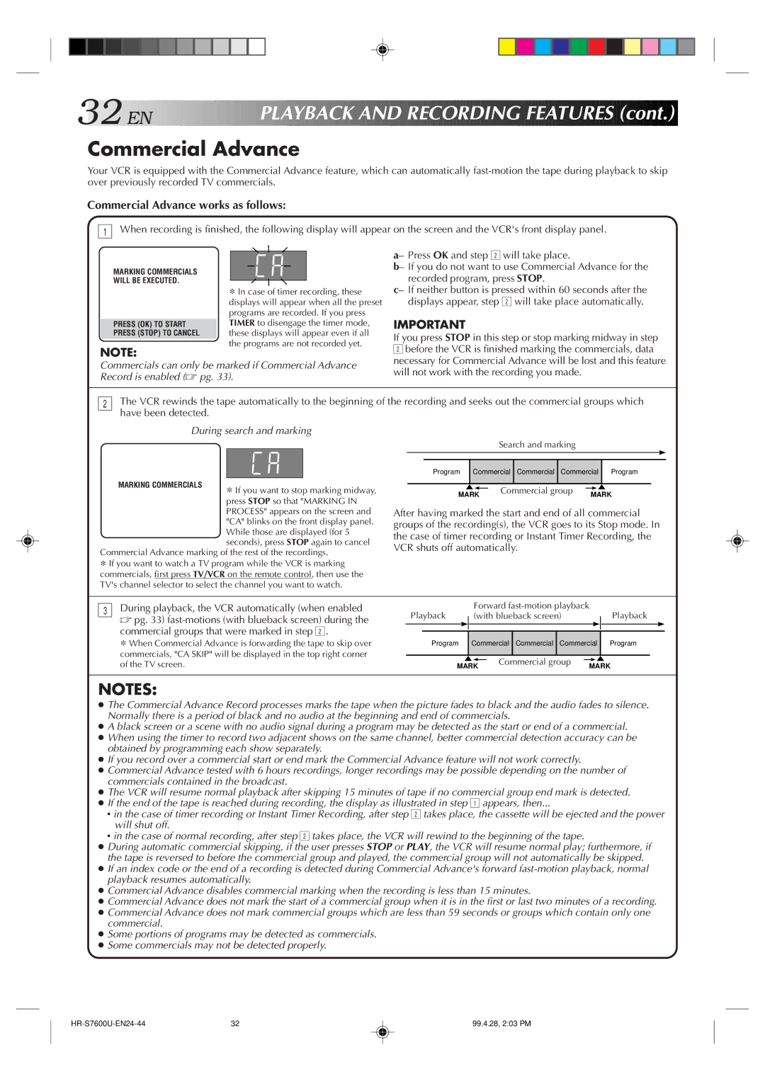 JVC HR-S7600U manual Commercial Advance works as follows 