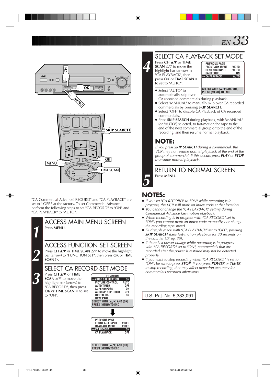 JVC HR-S7600U manual Select CA Playback SET Mode, Return to Normal Screen, Press CH 5 or Time, CA RECORD, then press 