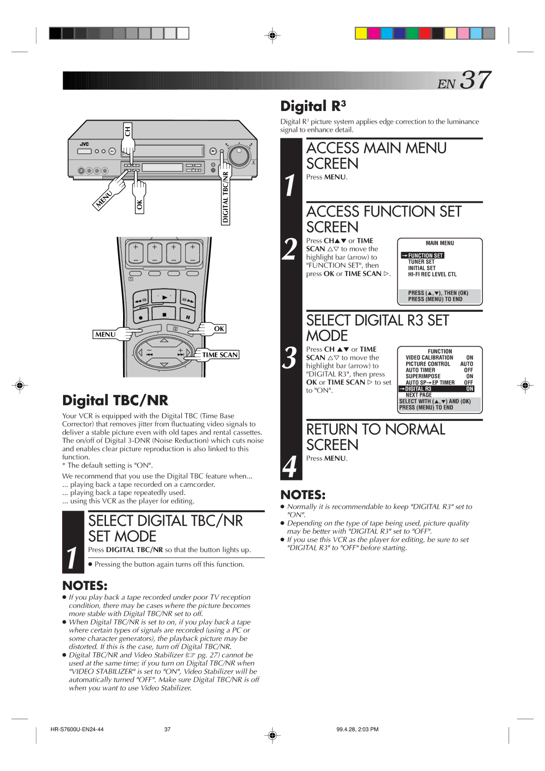 JVC HR-S7600U manual SET Mode, Digital TBC/NR, Digital R3 
