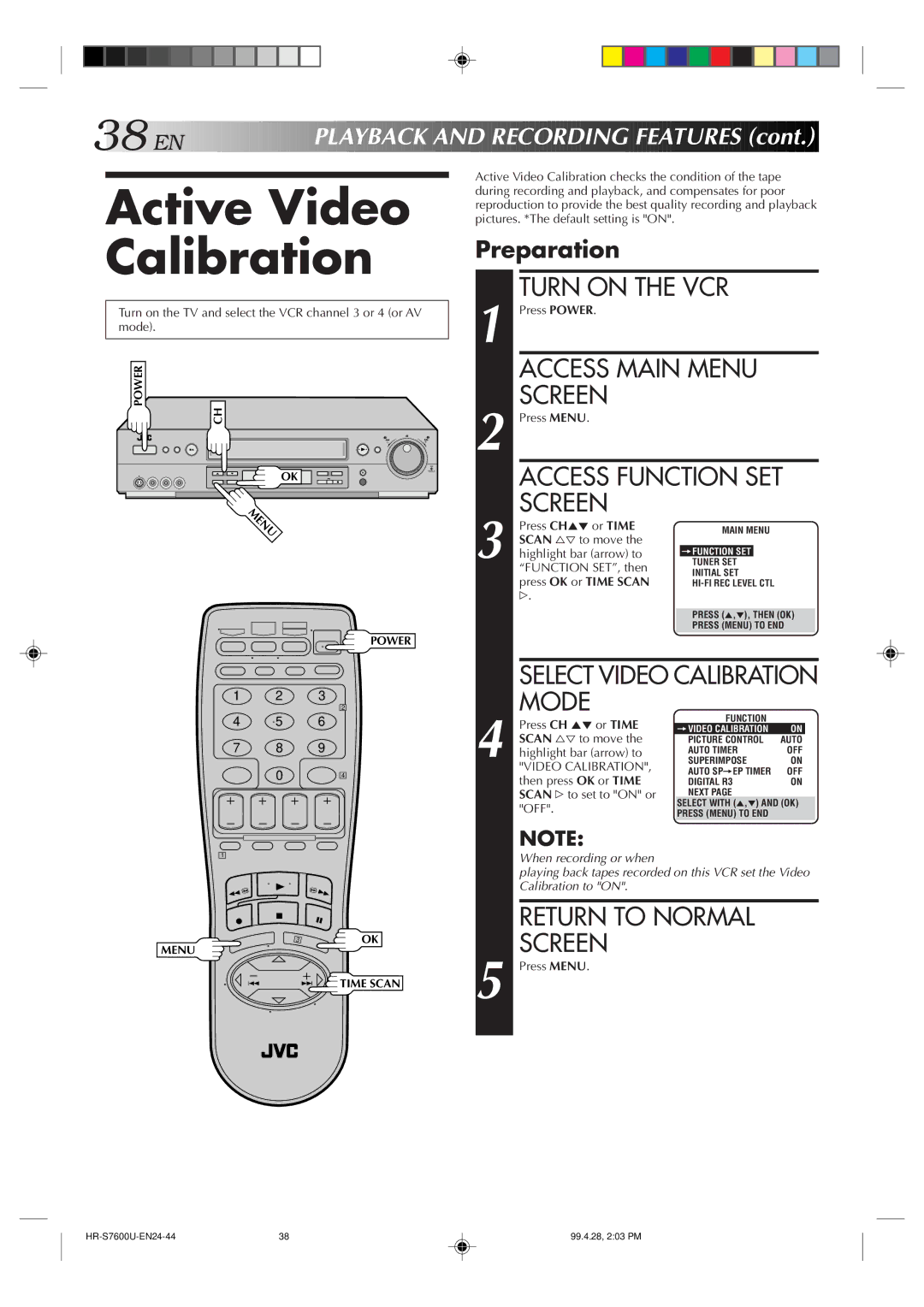 JVC HR-S7600U manual Active Video Calibration 