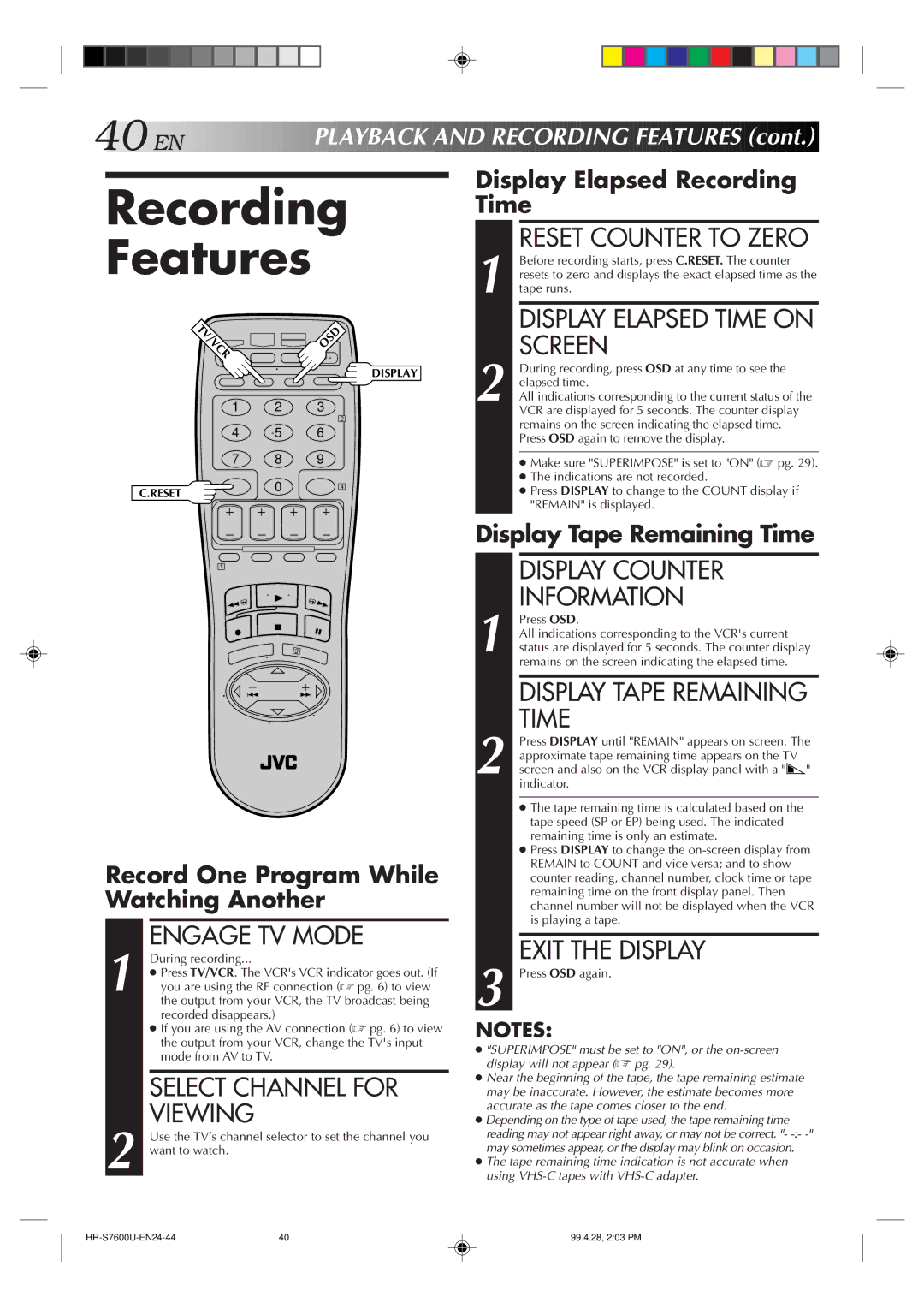 JVC HR-S7600U manual Recording Features 