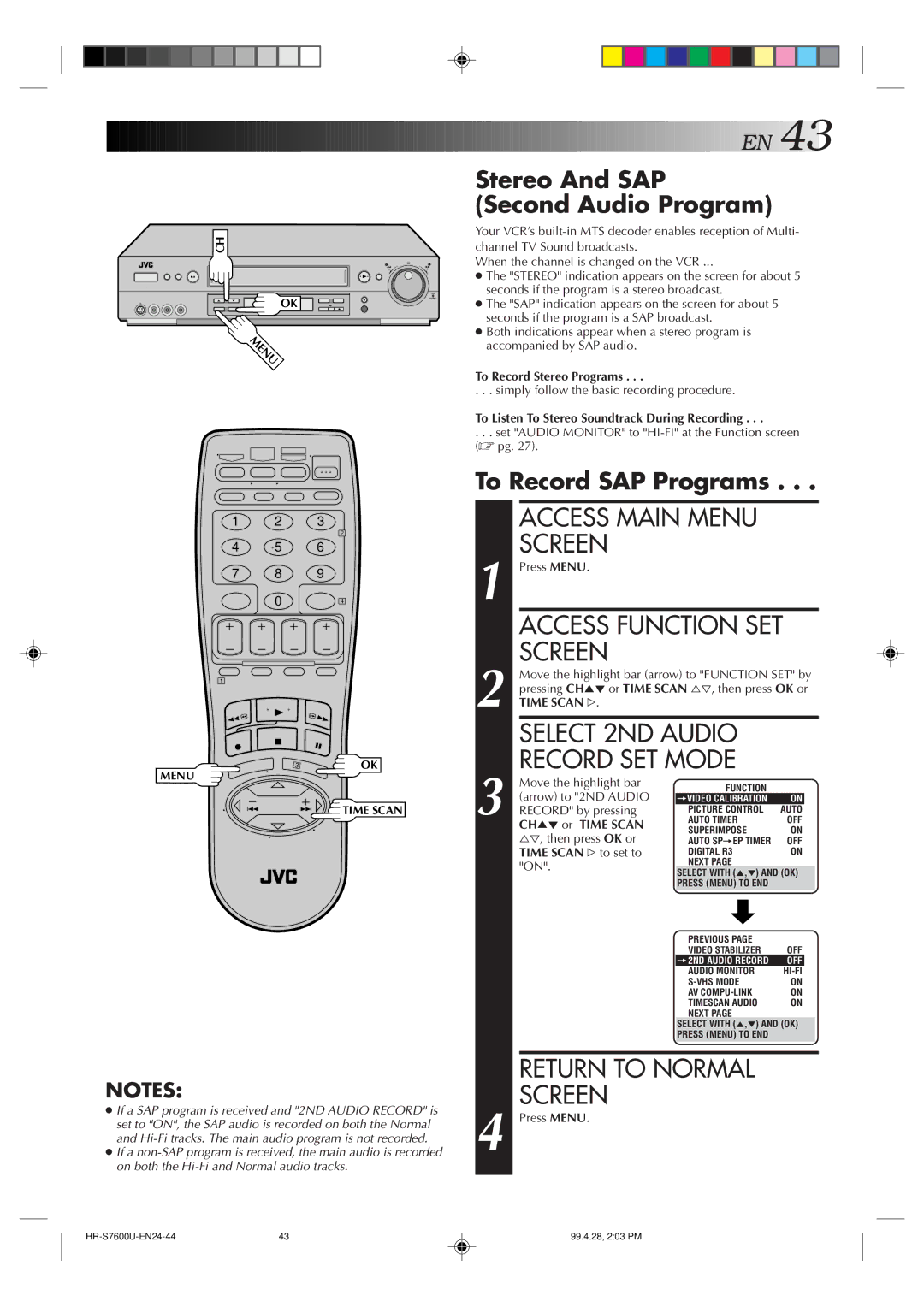 JVC HR-S7600U manual Stereo And SAP Second Audio Program, To Record SAP Programs 