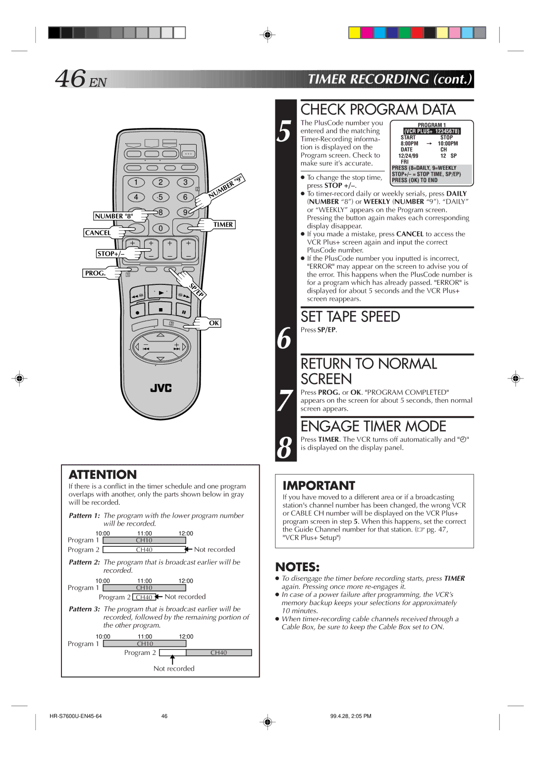 JVC HR-S7600U manual Check Program Data, Engage Timer Mode, EN Timer Recording 