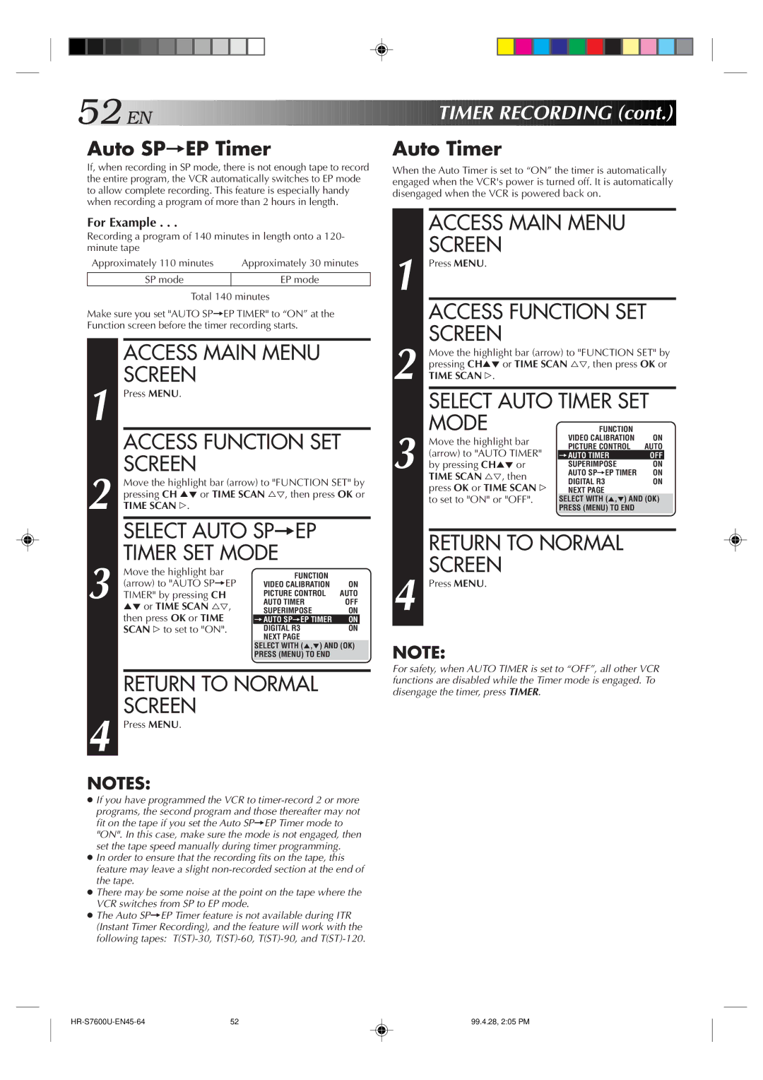 JVC HR-S7600U manual Select Auto SP=EP Timer SET Mode, Auto Timer, Or Time Scan %Þ 