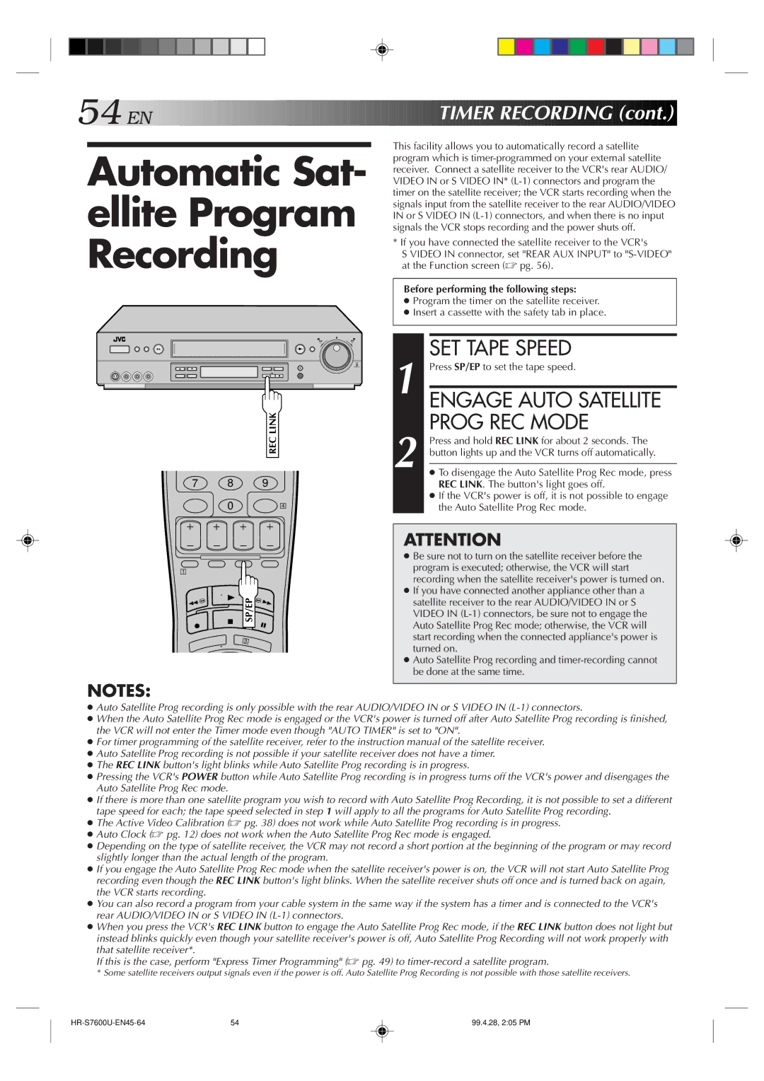 JVC HR-S7600U manual Automatic Sat- ellite Program Recording, Engage Auto Satellite Prog REC Mode 