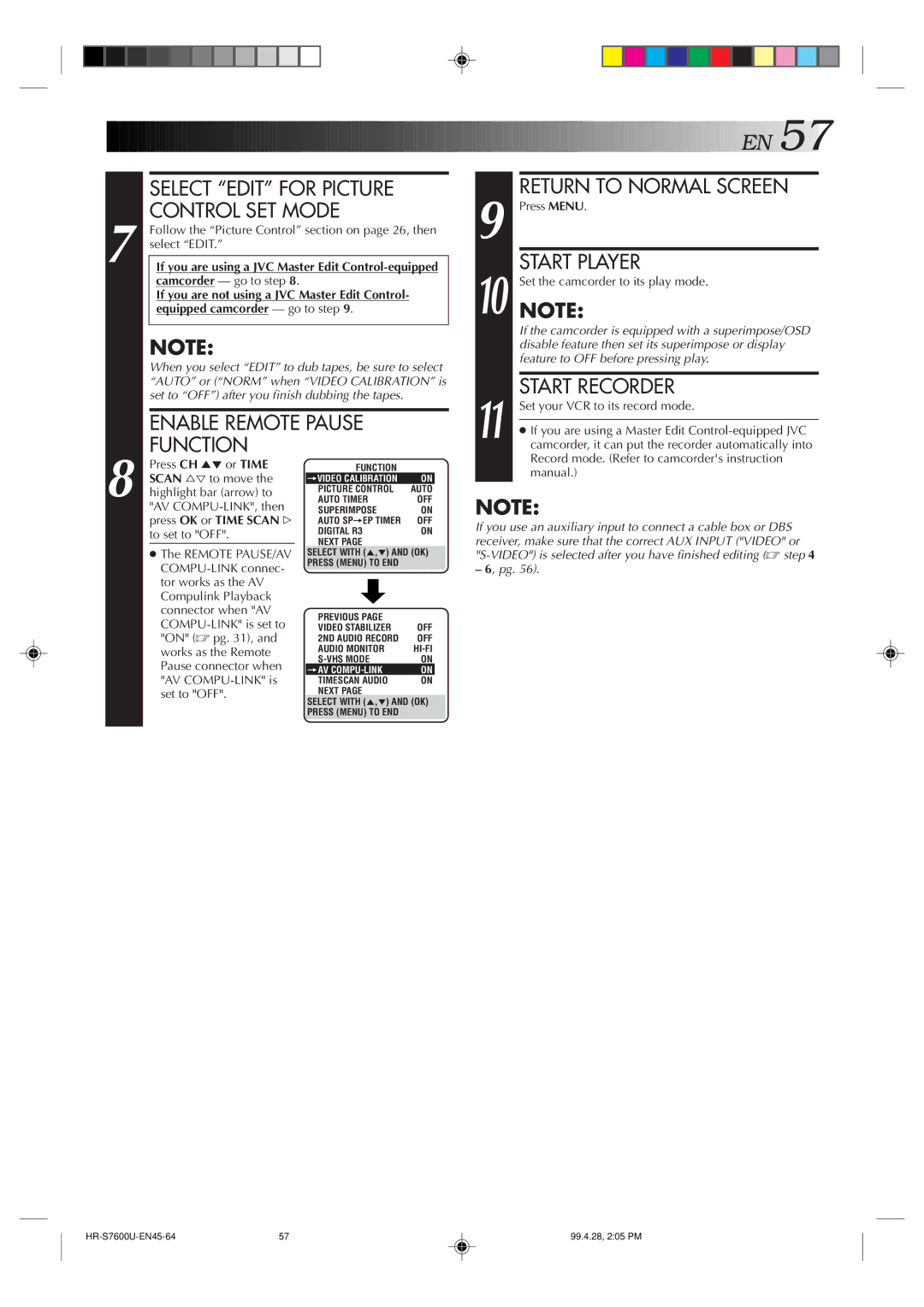 JVC HR-S7600U manual Enable Remote Pause Function Return to Normal Screen, Start Player, Start Recorder, Manual 