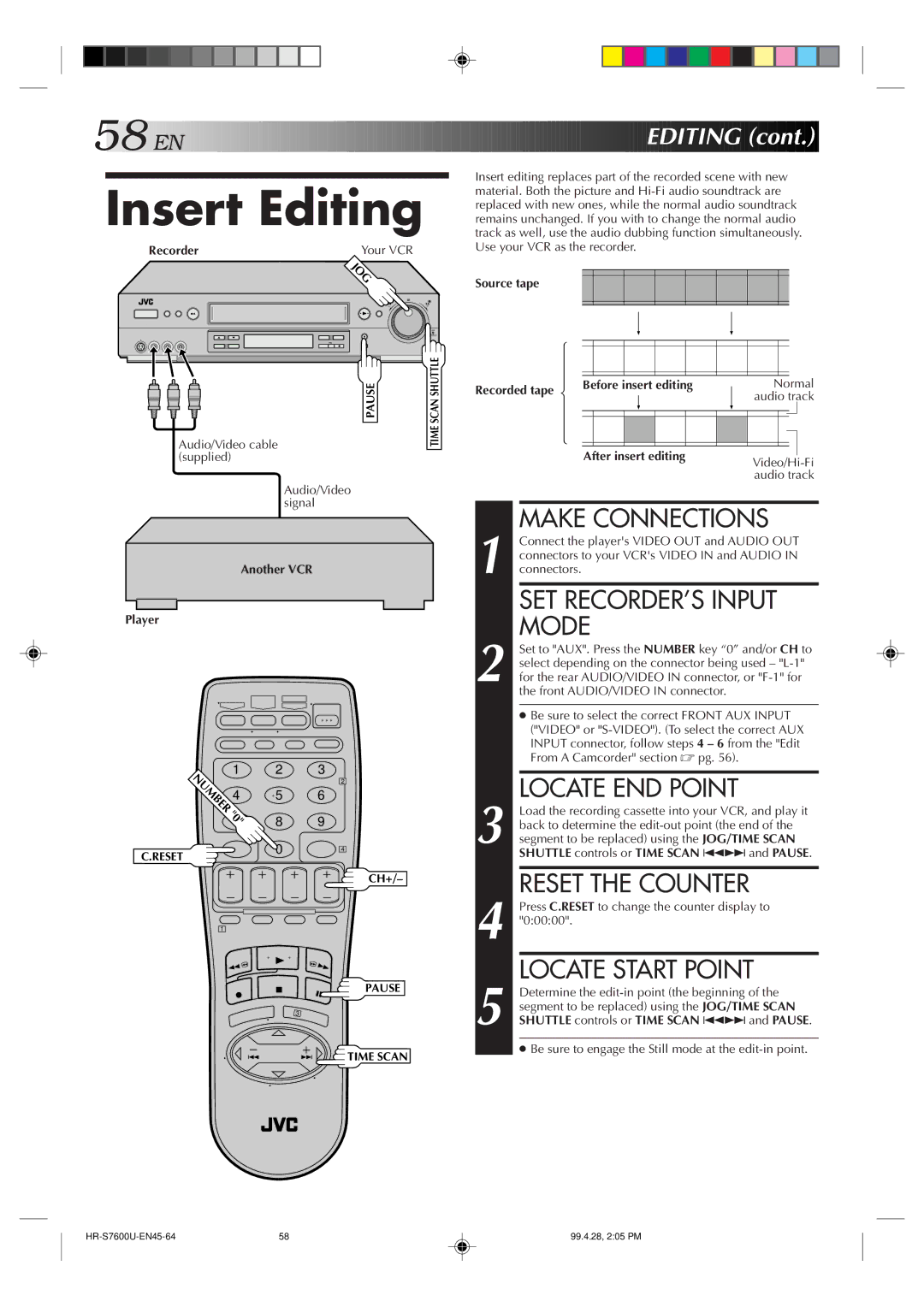 JVC HR-S7600U manual Insert Editing, Locate END Point, Reset the Counter, Locate Start Point 