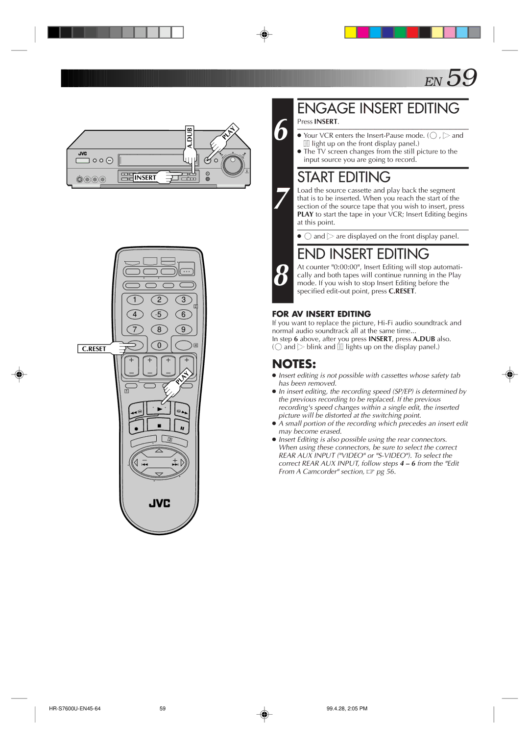 JVC HR-S7600U manual Engage Insert Editing, Start Editing, END Insert Editing 