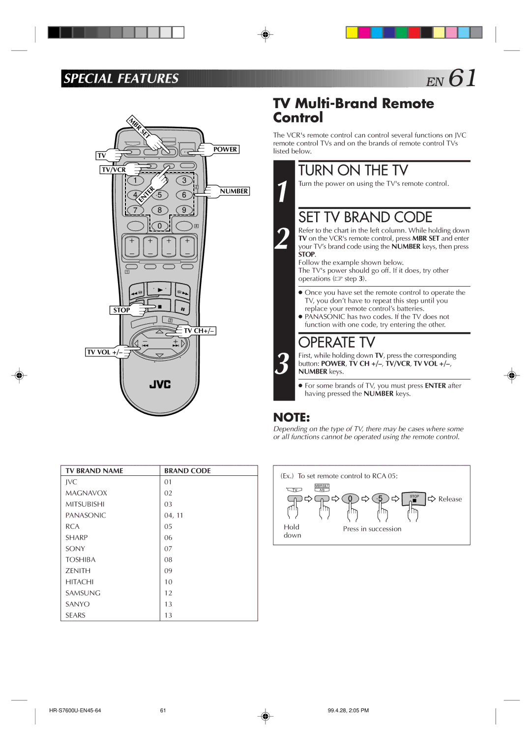 JVC HR-S7600U manual Turn on the TV, SET TV Brand Code, Operate TV, Speci AL Features EN, TV Multi-Brand Remote Control 