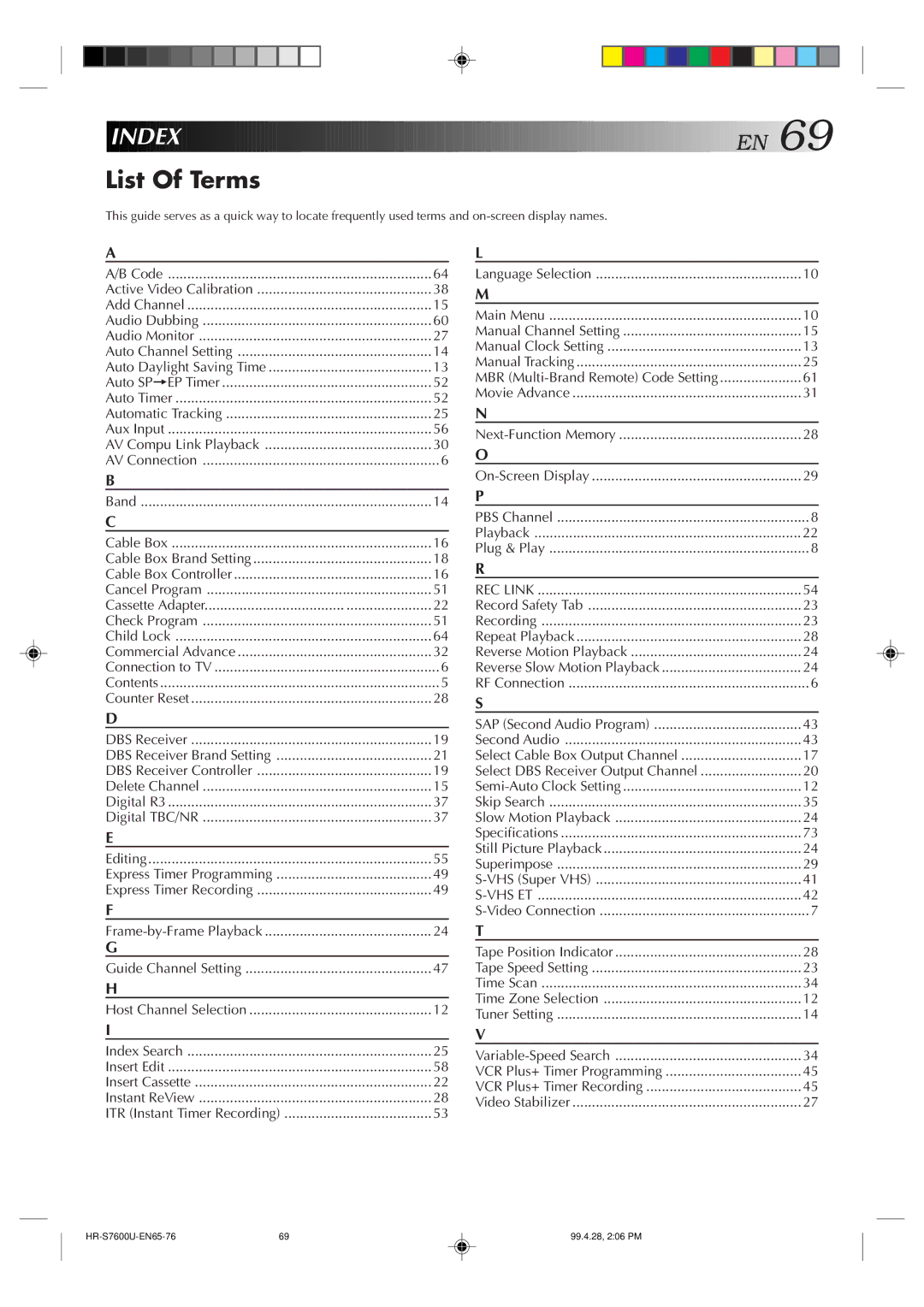 JVC HR-S7600U manual Index, List Of Terms, MBR Multi-Brand Remote Code Setting, Select DBS Receiver Output Channel 