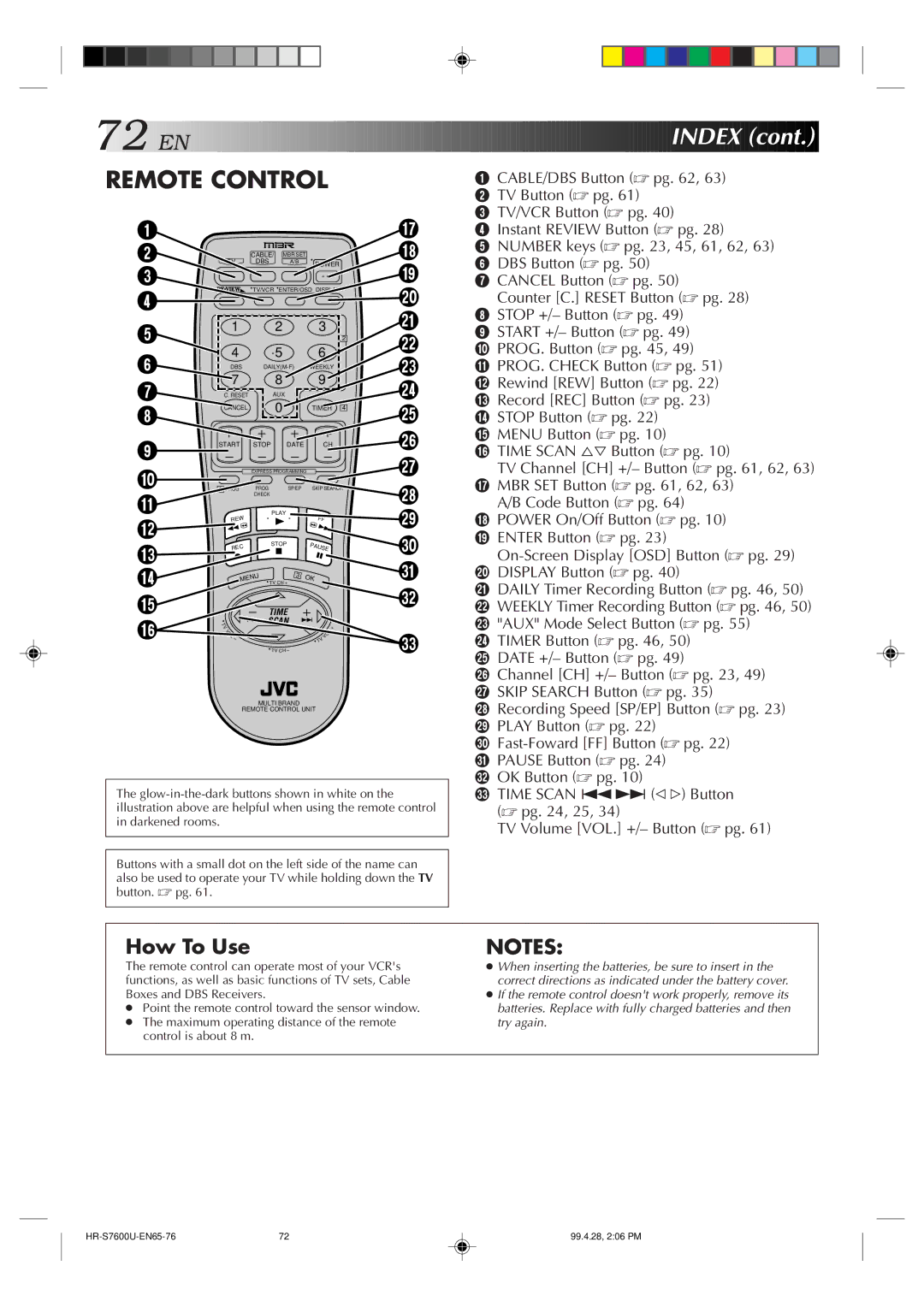 JVC HR-S7600U manual EN Index, Remote Control 