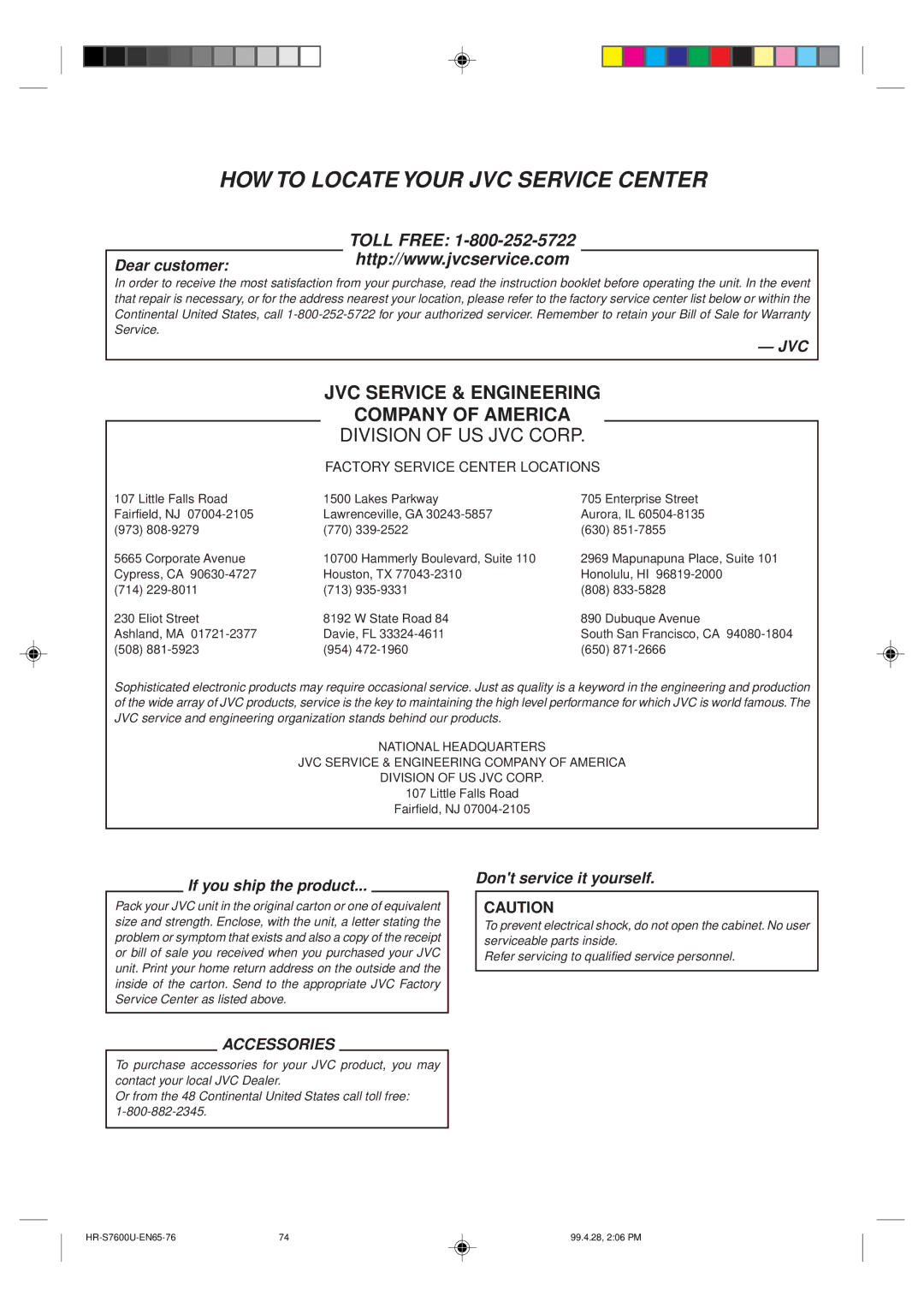 JVC HR-S7600U manual HOW to Locate Your JVC Service Center 