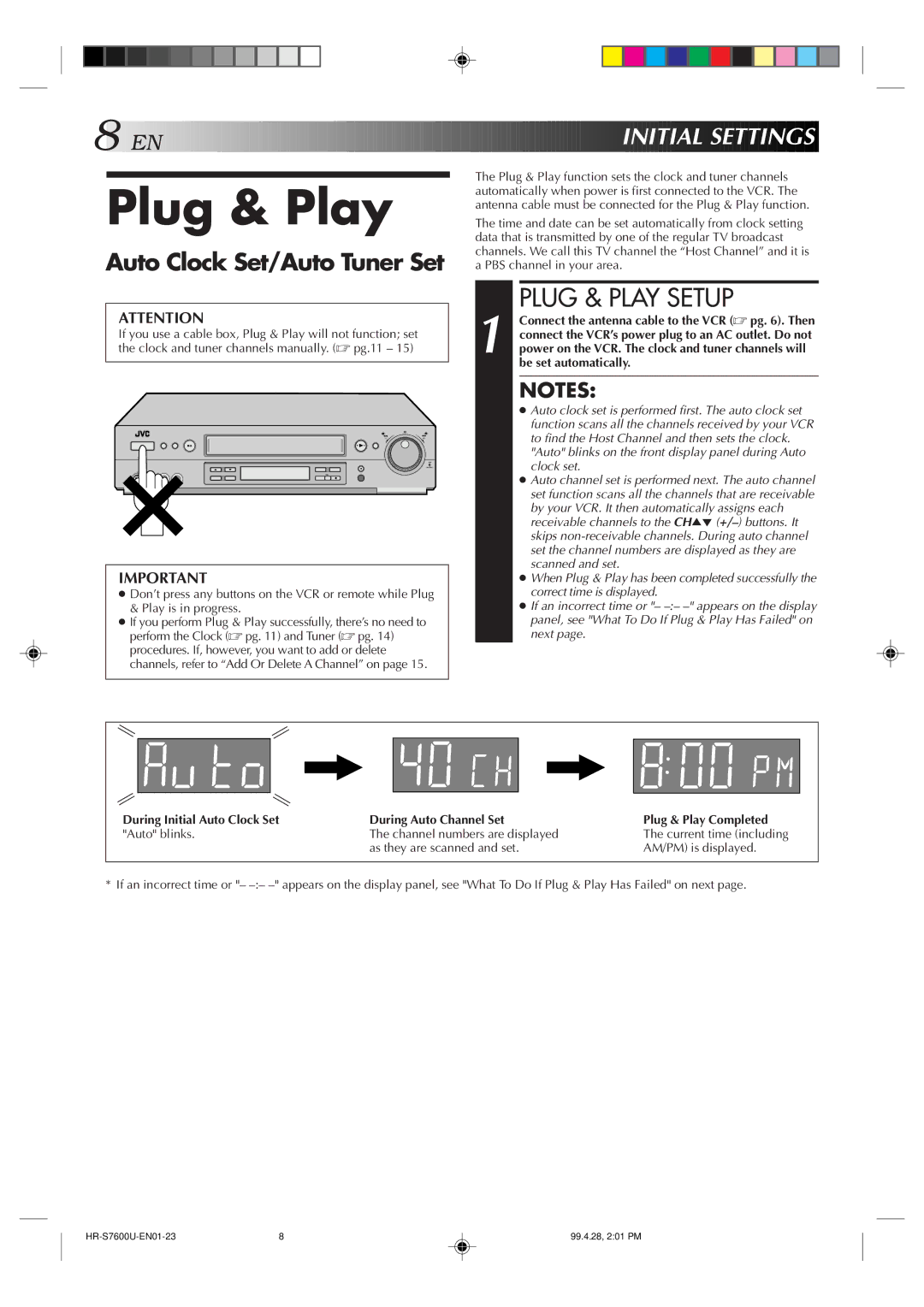 JVC HR-S7600U manual Plug & Play Setup, EN I Nitial Sett Ings, Auto Clock Set/Auto Tuner Set 