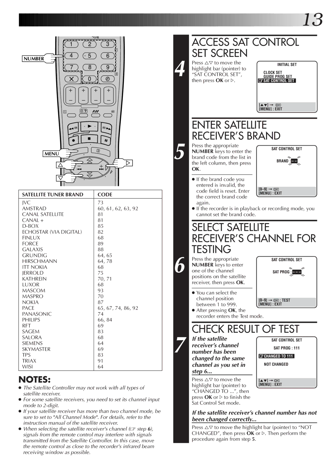 JVC HR-S7722EK Enter Satellite RECEIVER’S Brand, Select Satellite RECEIVER’S Channel for Testing, Check Result of Test 