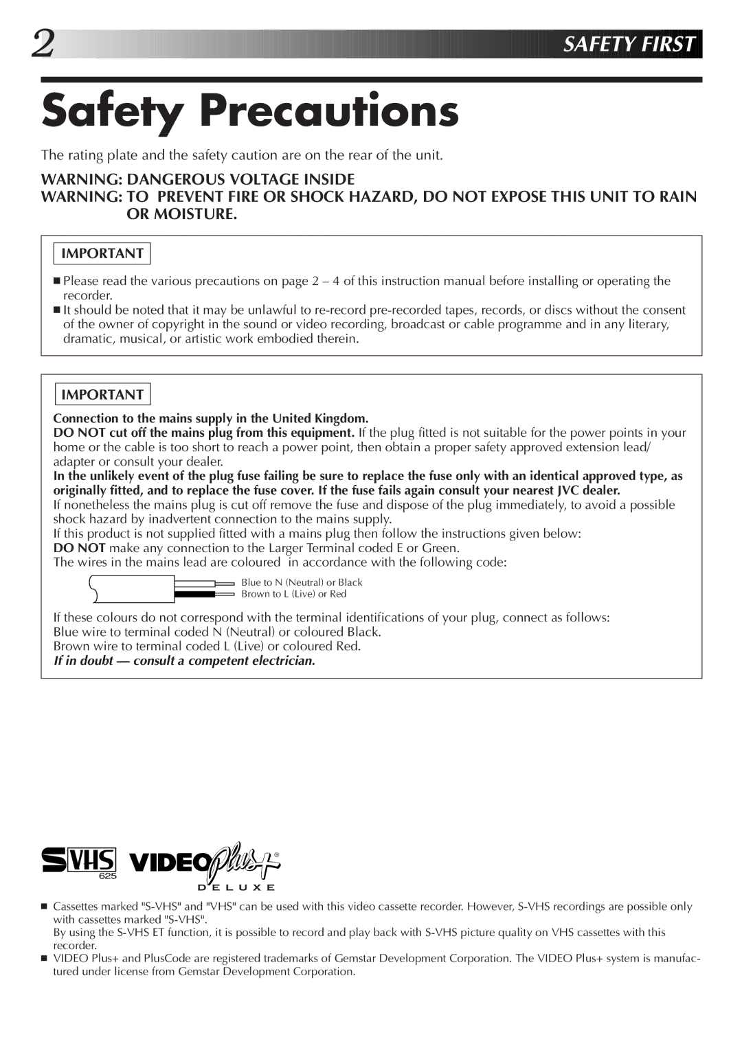 JVC HR-S7700EK, HR-S7722EK setup guide Safety Precautions, Connection to the mains supply in the United Kingdom 