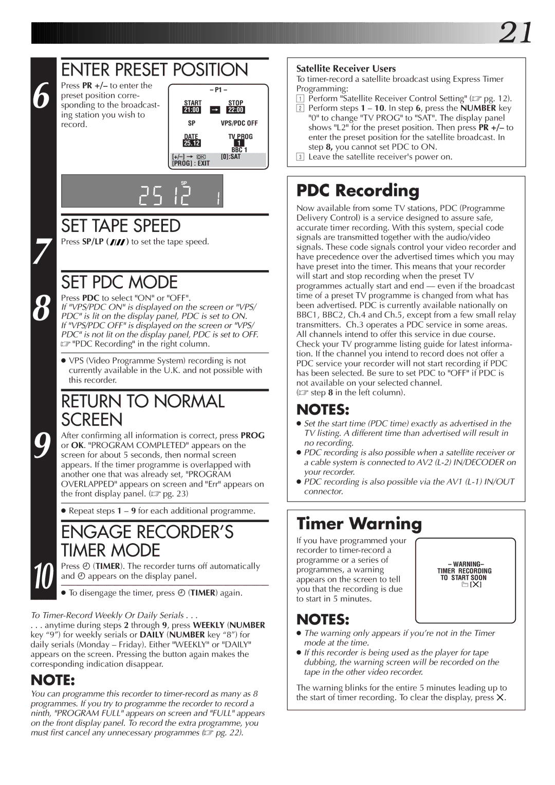 JVC HR-S7722EK, HR-S7700EK setup guide SET PDC Mode, Return to Normal, Engage RECORDER’S, Timer Mode 