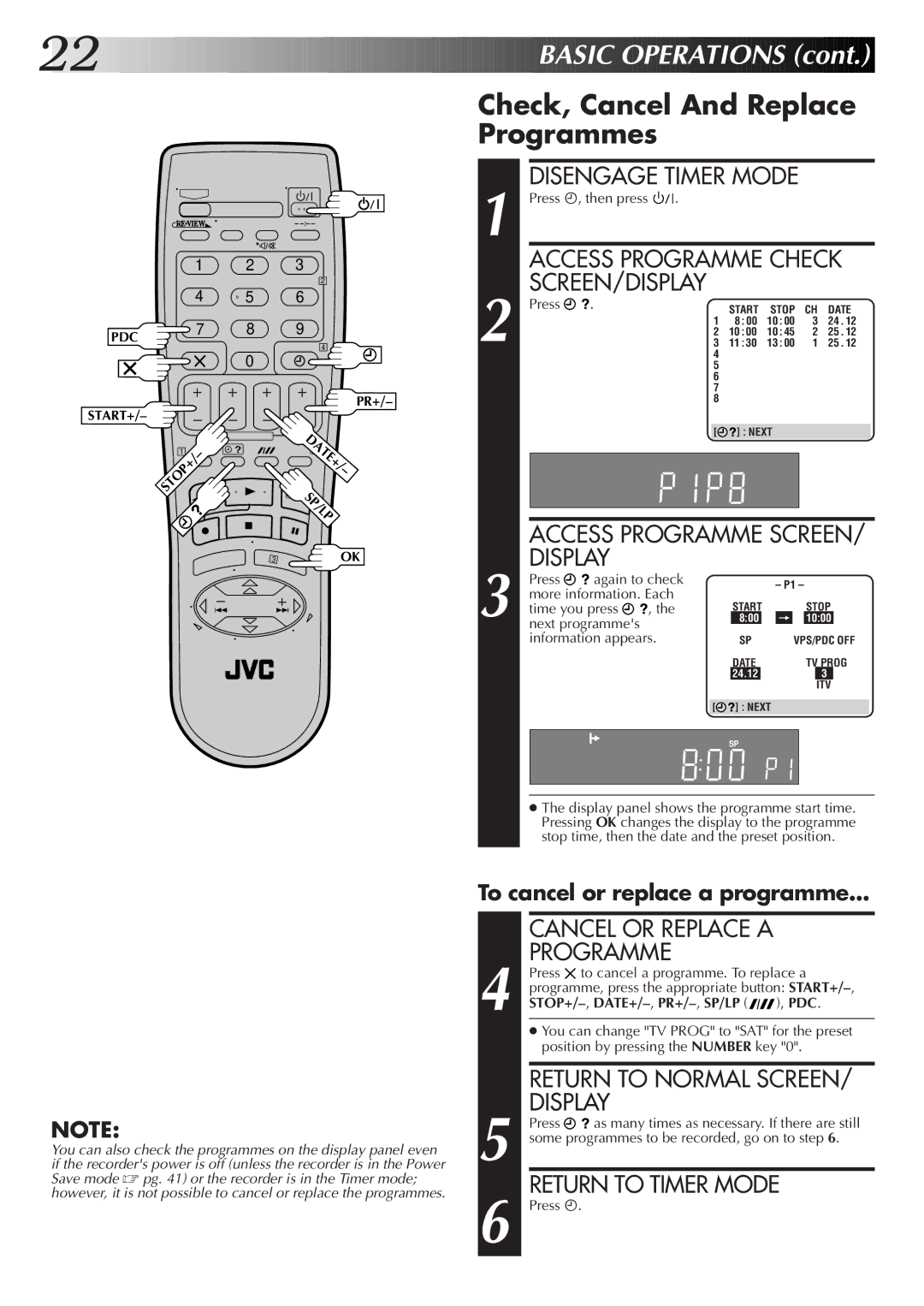 JVC HR-S7700EK Check, Cancel And Replace Programmes, Access Programme SCREEN/ Display, Cancel or Replace a Programme 