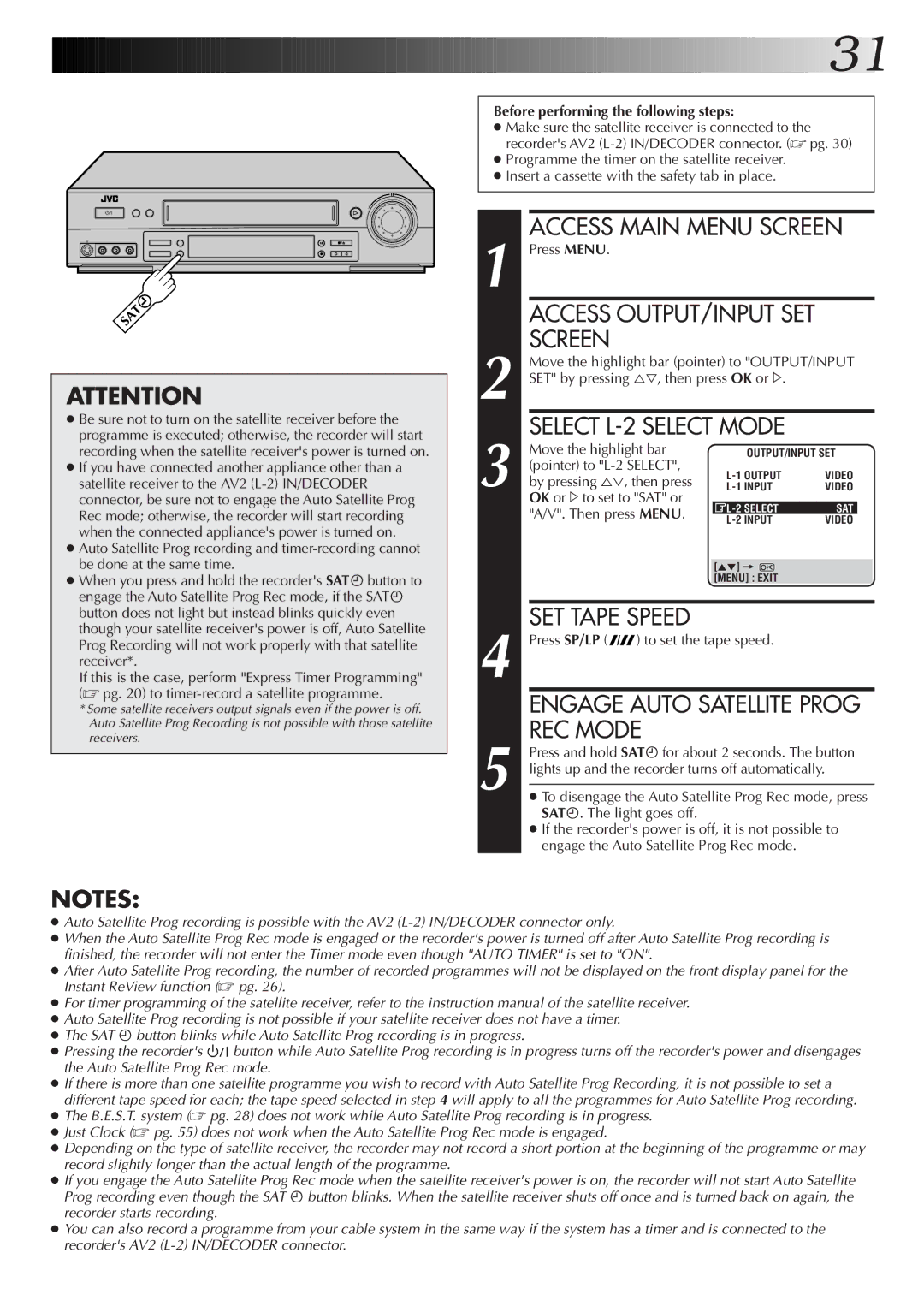 JVC HR-S7722EK Screen, Select L-2 Select Mode, Engage Auto Satellite Prog, REC Mode, Before performing the following steps 