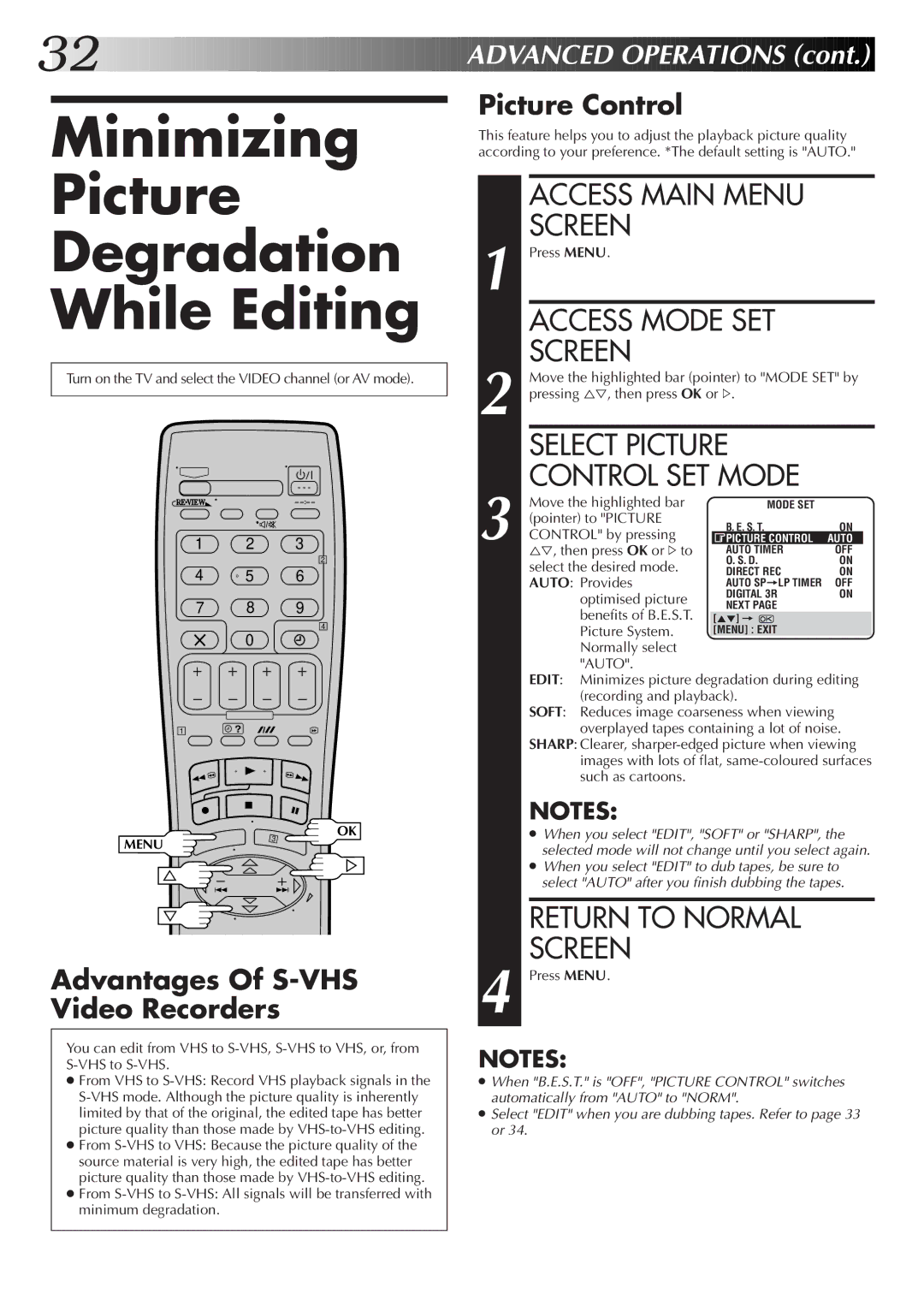 JVC HR-S7700EK, HR-S7722EK Minimizing Picture Degradation While Editing, Access Main Menu Screen, Access Mode SET Screen 