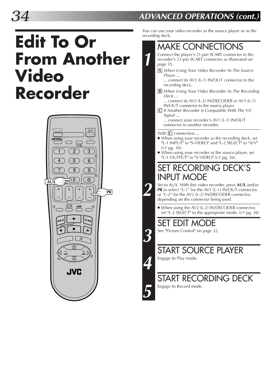 JVC HR-S7700EK, HR-S7722EK Edit To Or From Another Video Recorder, SET Recording DECK’S, Input Mode, SET Edit Mode 