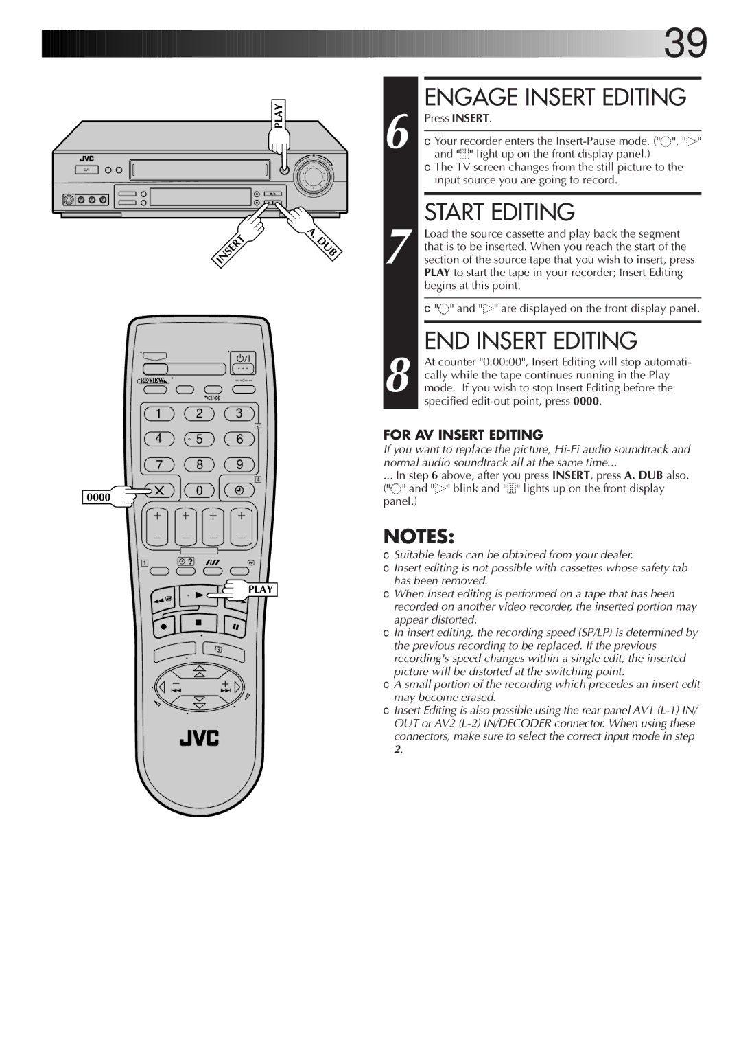 JVC HR-S7722EK, HR-S7700EK setup guide Engage Insert Editing, Start Editing, END Insert Editing 