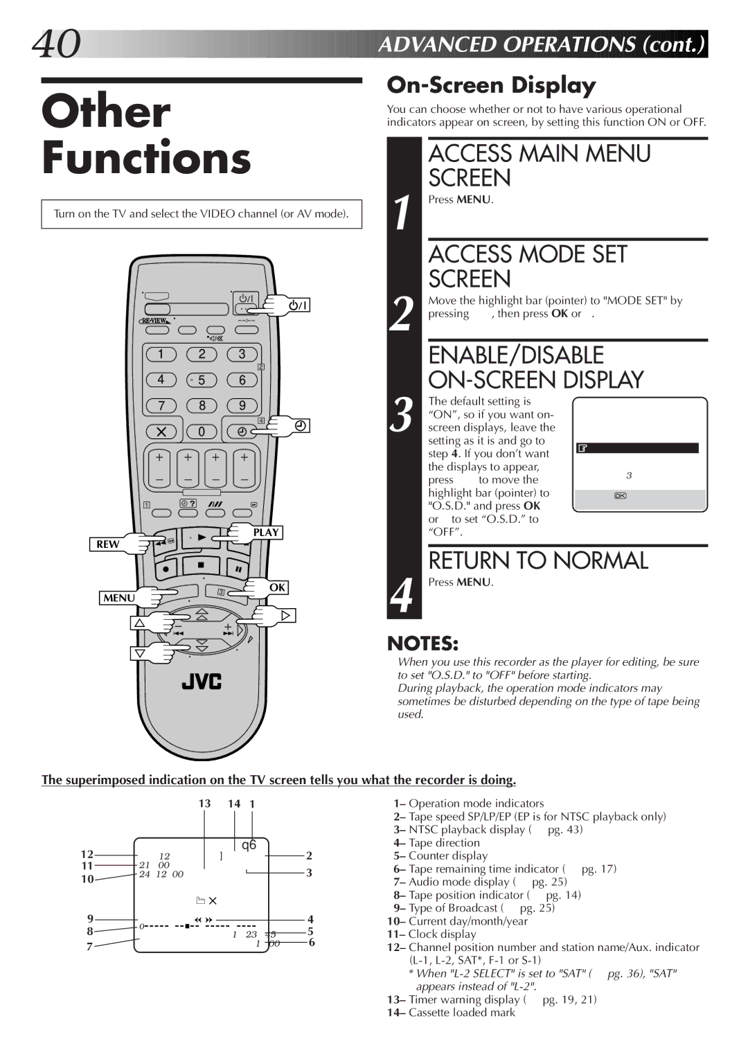 JVC HR-S7700EK, HR-S7722EK setup guide Other Functions, ENABLE/DISABLE ON-SCREEN Display, On-Screen Display 