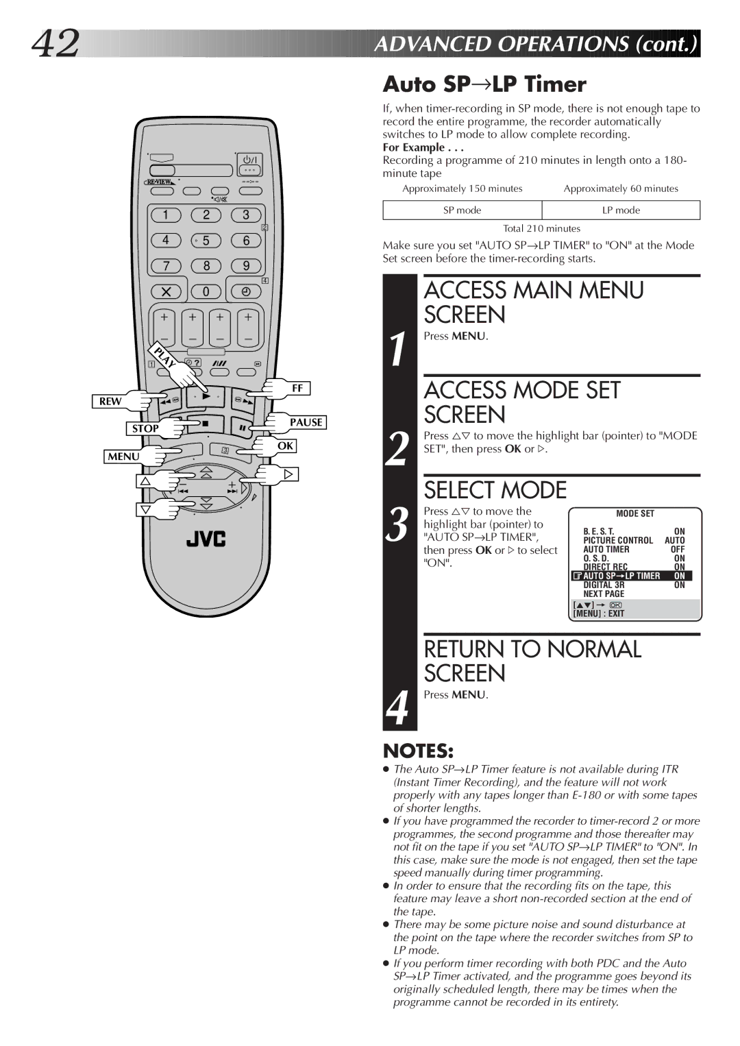 JVC HR-S7700EK, HR-S7722EK setup guide Auto SP→LP Timer, For Example, SET, then press OK or #, Then press OK or #to select 