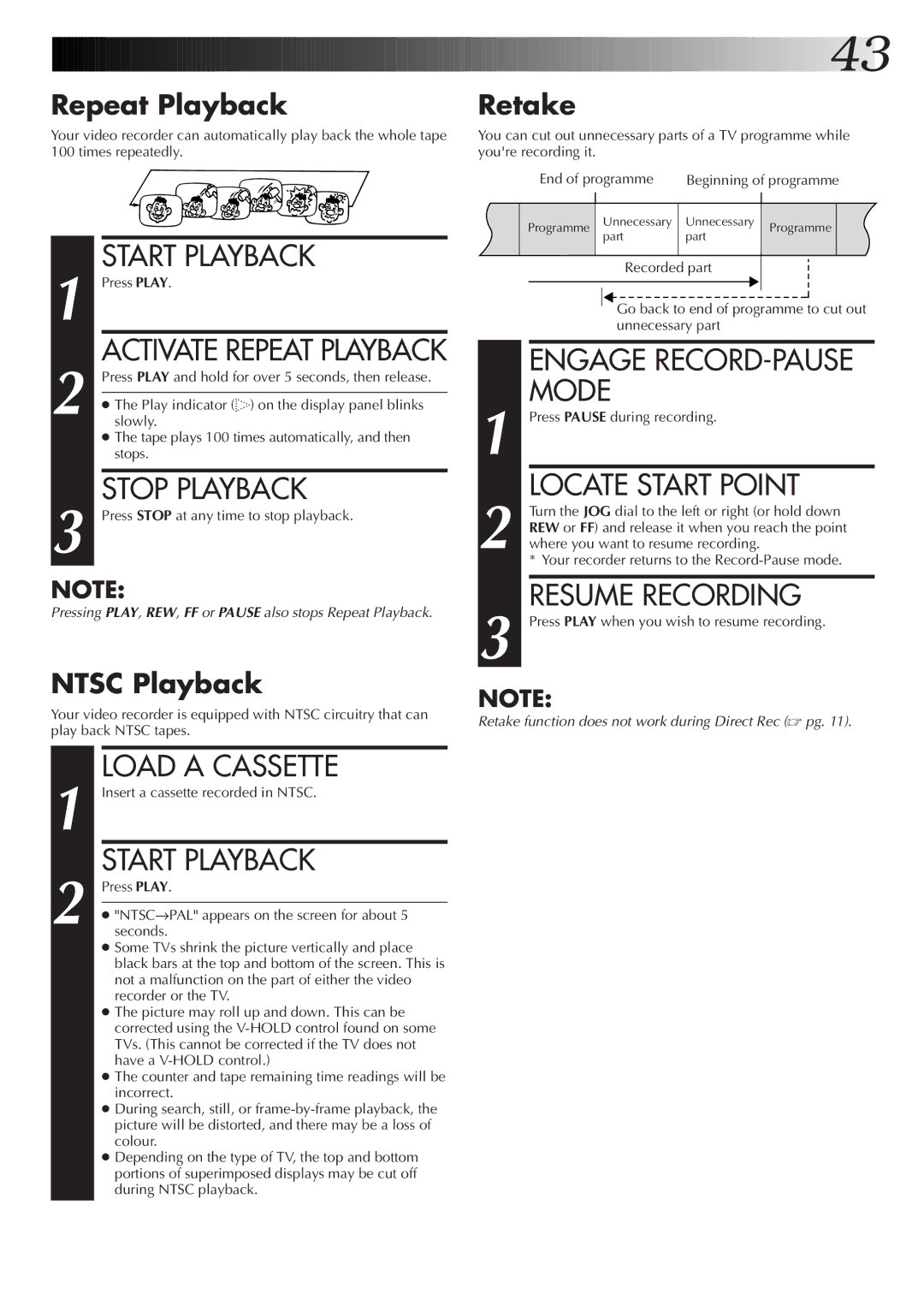 JVC HR-S7722EK, HR-S7700EK setup guide Engage RECORD-PAUSE Mode, Resume Recording, Repeat Playback, Ntsc Playback, Retake 