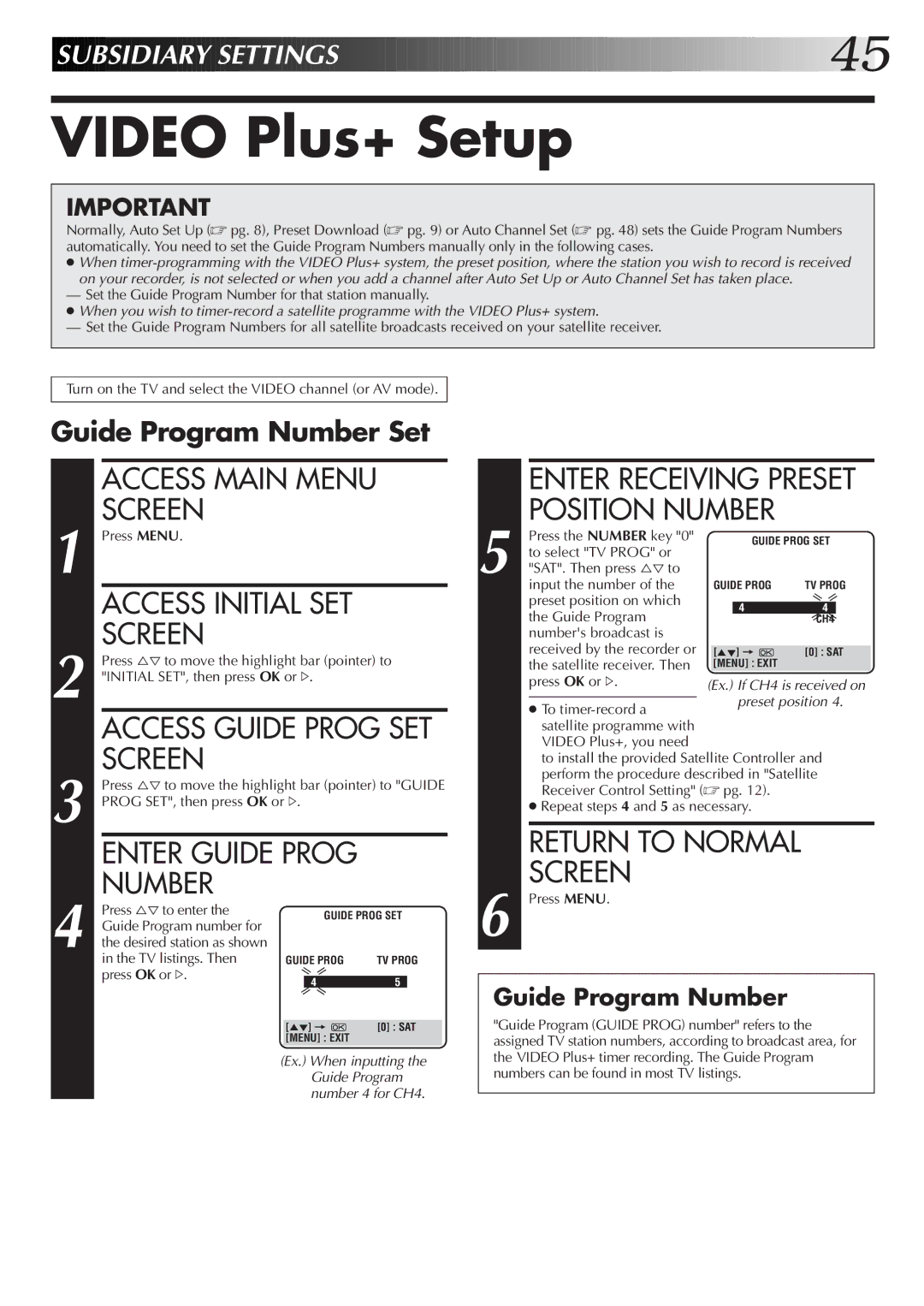 JVC HR-S7722EK, HR-S7700EK setup guide Video Plus+ Setup, Guide Program Number Set 