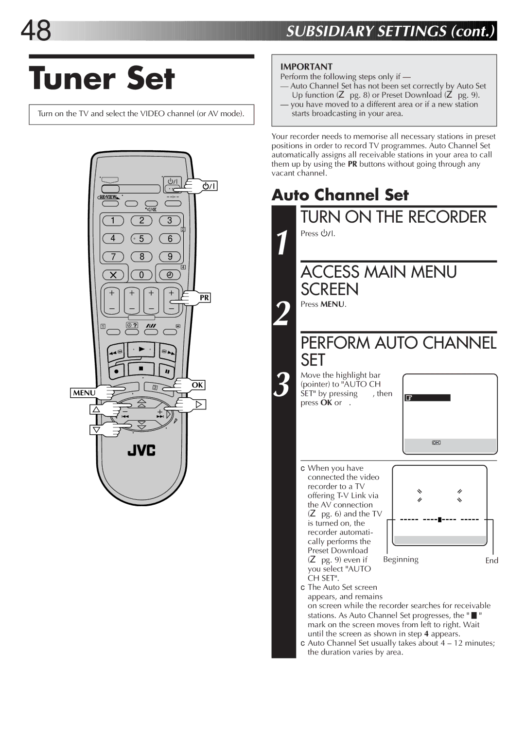 JVC HR-S7700EK, HR-S7722EK setup guide Tuner Set, Perform Auto Channel SET, Auto Channel Set 