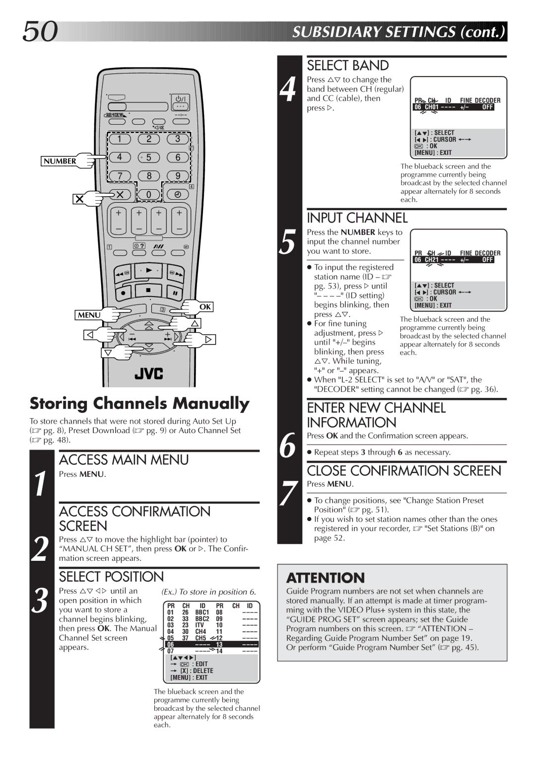 JVC HR-S7700EK, HR-S7722EK setup guide Storing Channels Manually, Select Band, Input Channel, Enter NEW Channel Information 