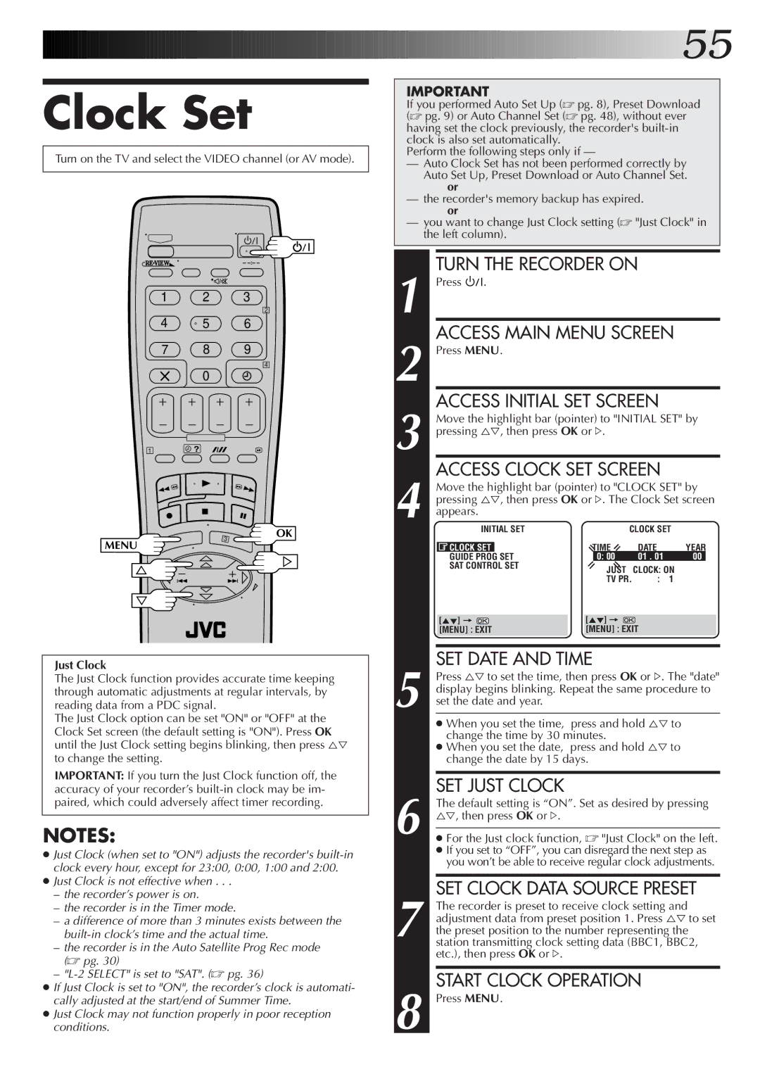 JVC HR-S7722EK, HR-S7700EK setup guide Clock Set, Just Clock 