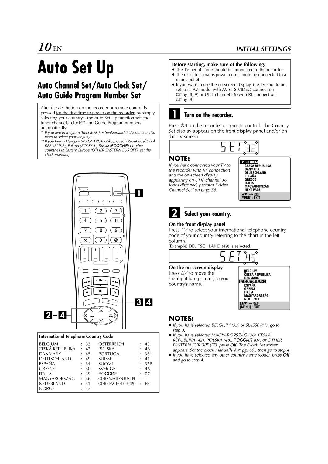 JVC HR-S7722EU, HR-S7700EU, HR-S7711EU specifications Auto Set Up, 10 EN, Turn on the recorder, Select your country 