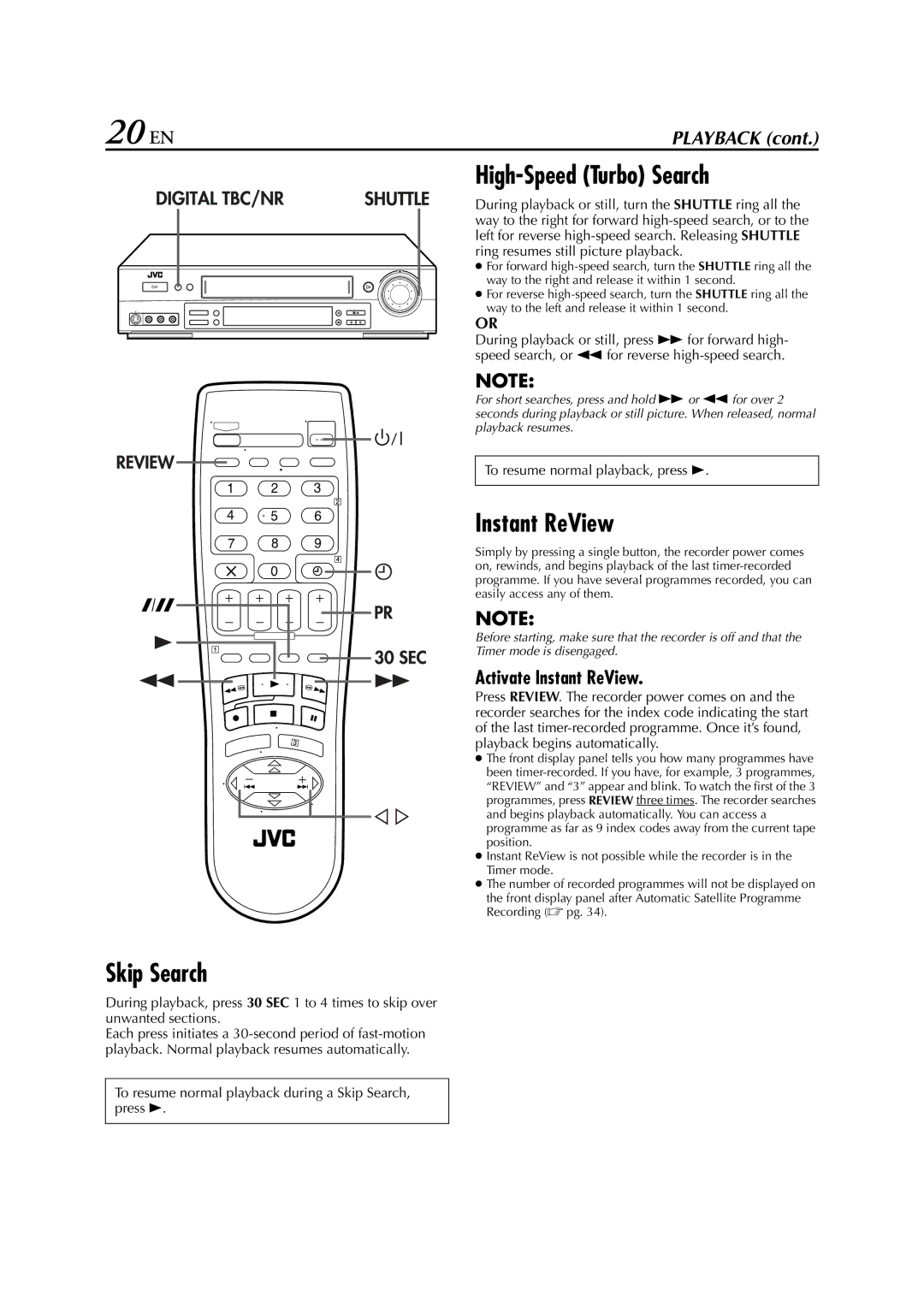 JVC HR-S7711EU, HR-S7700EU, HR-S7722EU 20 EN, Skip Search, High-Speed Turbo Search, Activate Instant ReView 