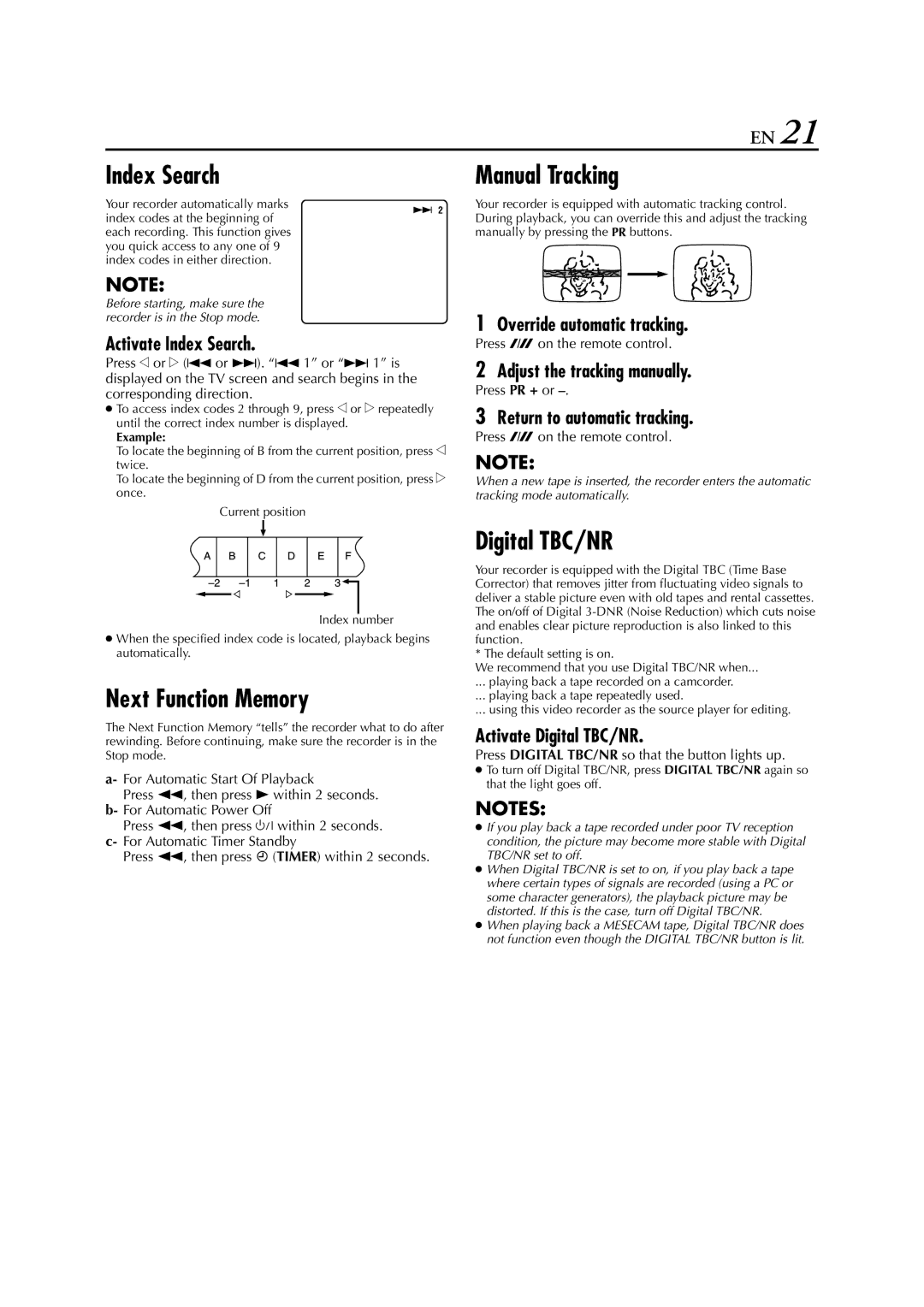 JVC HR-S7700EU, HR-S7722EU, HR-S7711EU specifications Index Search, Next Function Memory, Manual Tracking, Digital TBC/NR 