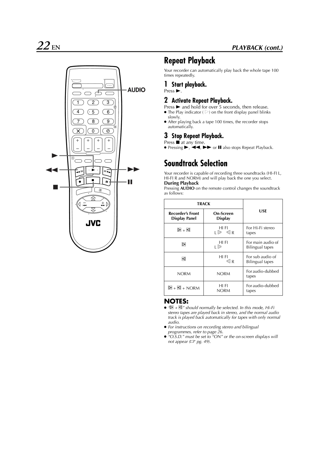 JVC HR-S7722EU, HR-S7700EU, HR-S7711EU 22 EN, Soundtrack Selection, Activate Repeat Playback, Stop Repeat Playback 