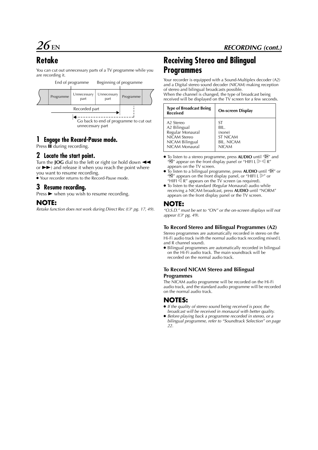 JVC HR-S7711EU, HR-S7700EU, HR-S7722EU specifications 26 EN, Retake, Receiving Stereo and Bilingual Programmes 