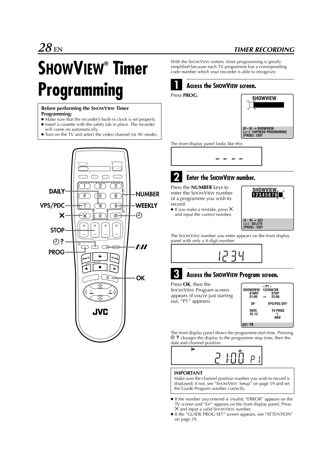 JVC HR-S7722EU 28 EN, Access the Showview screen, Enter the Showview number, Access the Showview Program screen 