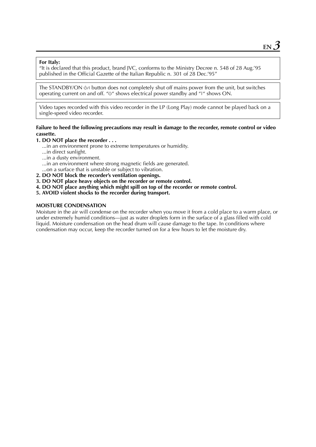 JVC HR-S7700EU, HR-S7722EU, HR-S7711EU specifications For Italy, Moisture Condensation 