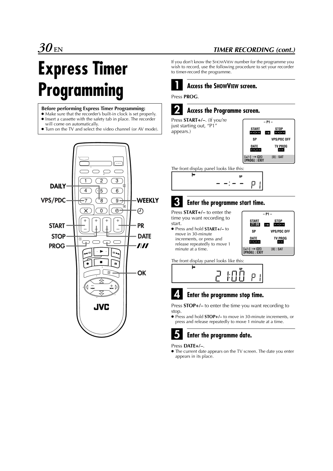 JVC HR-S7700EU, HR-S7722EU, HR-S7711EU specifications Express Timer Programming, 30 EN 