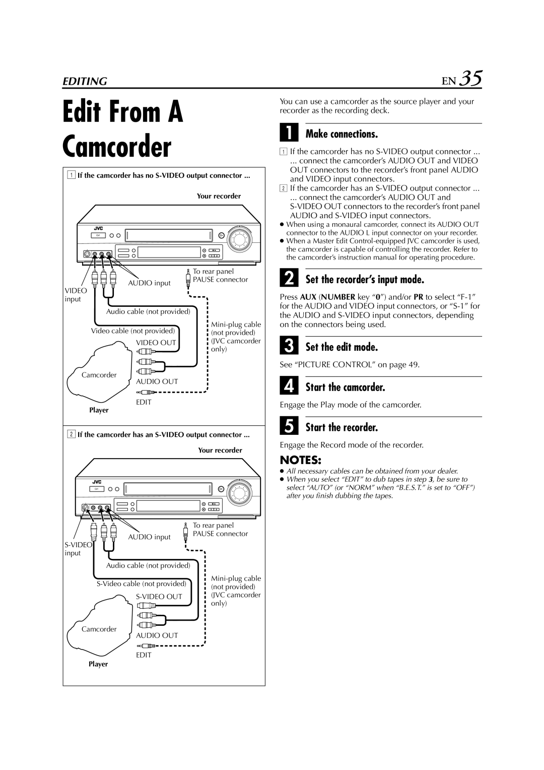 JVC HR-S7711EU, HR-S7700EU Edit From a Camcorder, Set the recorder’s input mode, Set the edit mode, Start the camcorder 