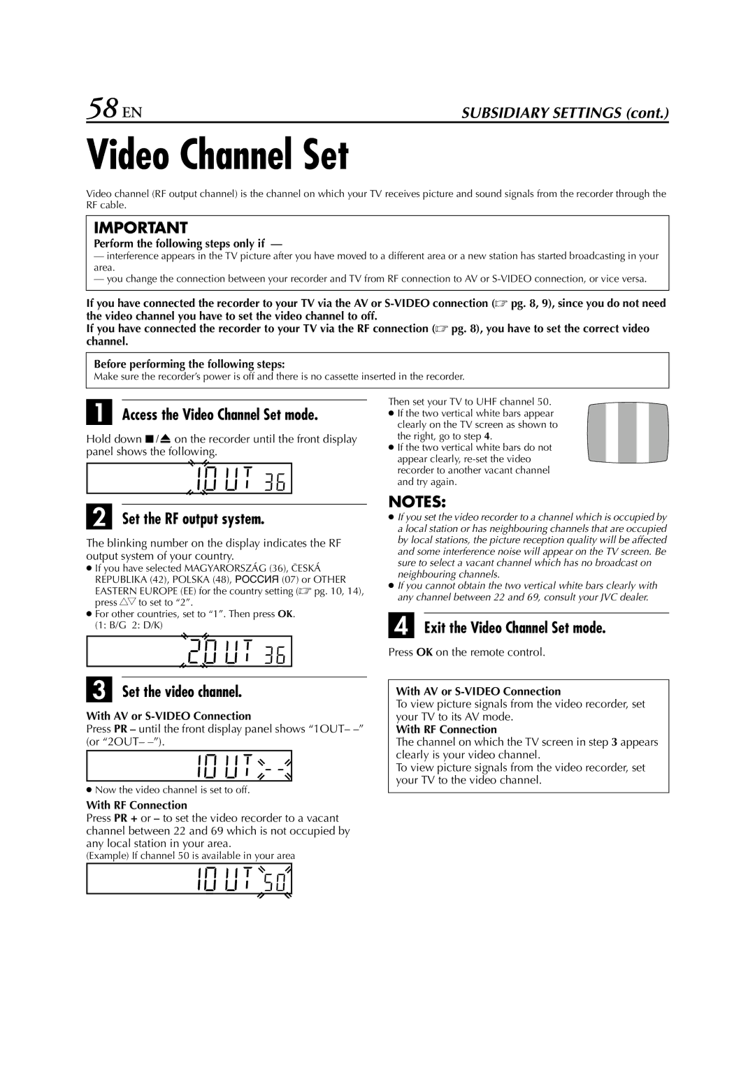 JVC HR-S7722EU 58 EN, Access the Video Channel Set mode, Set the RF output system, Exit the Video Channel Set mode 